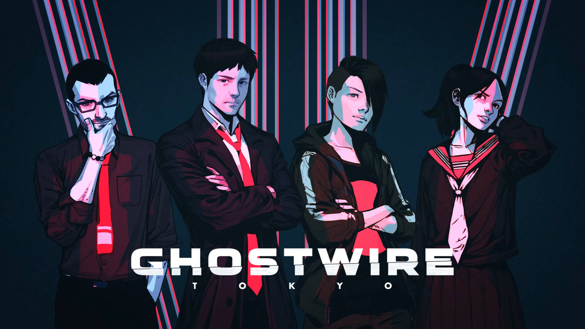 Ghostwire Tokyo, anime characters, glowing red and blue vertical lines, Full HD Desktop Wallpaper
