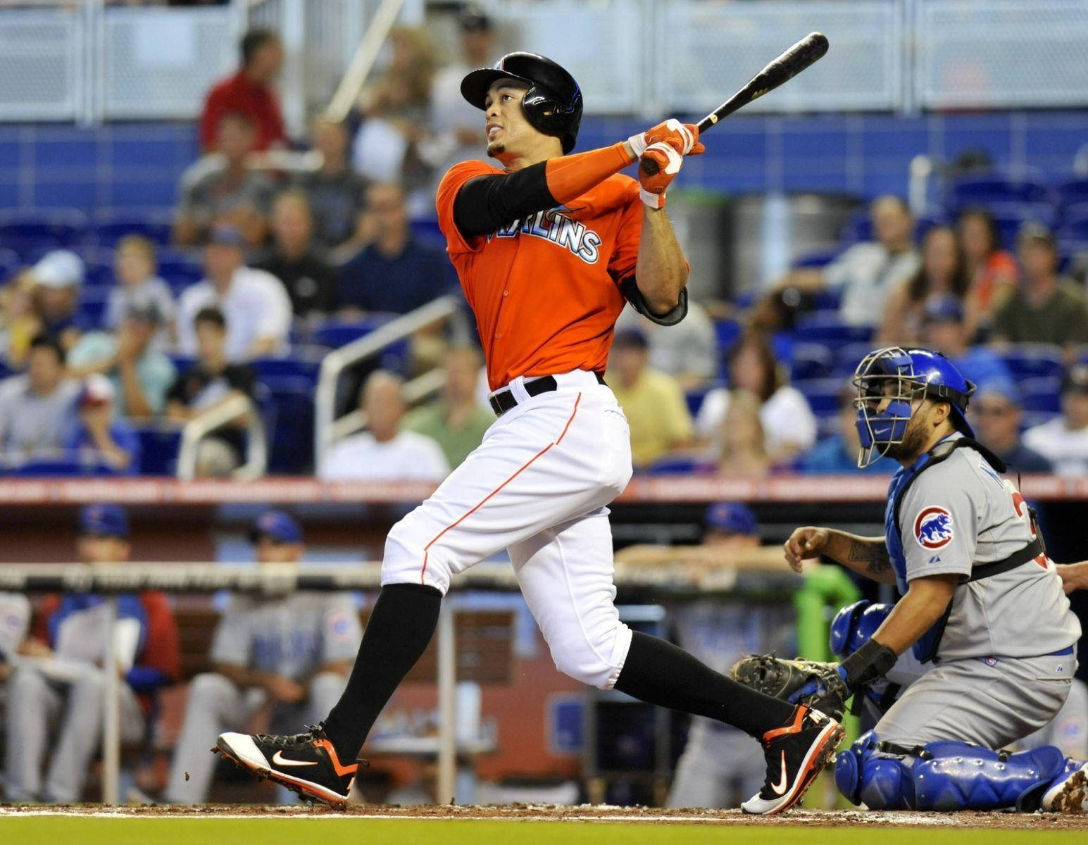 Giancarlo Stanton, orange uniform, night game, HD Desktop Wallpaper