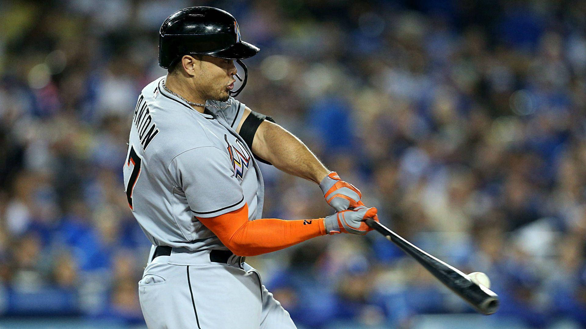 Giancarlo Stanton, gray uniform, orange arm sleeve, Full HD Desktop Wallpaper