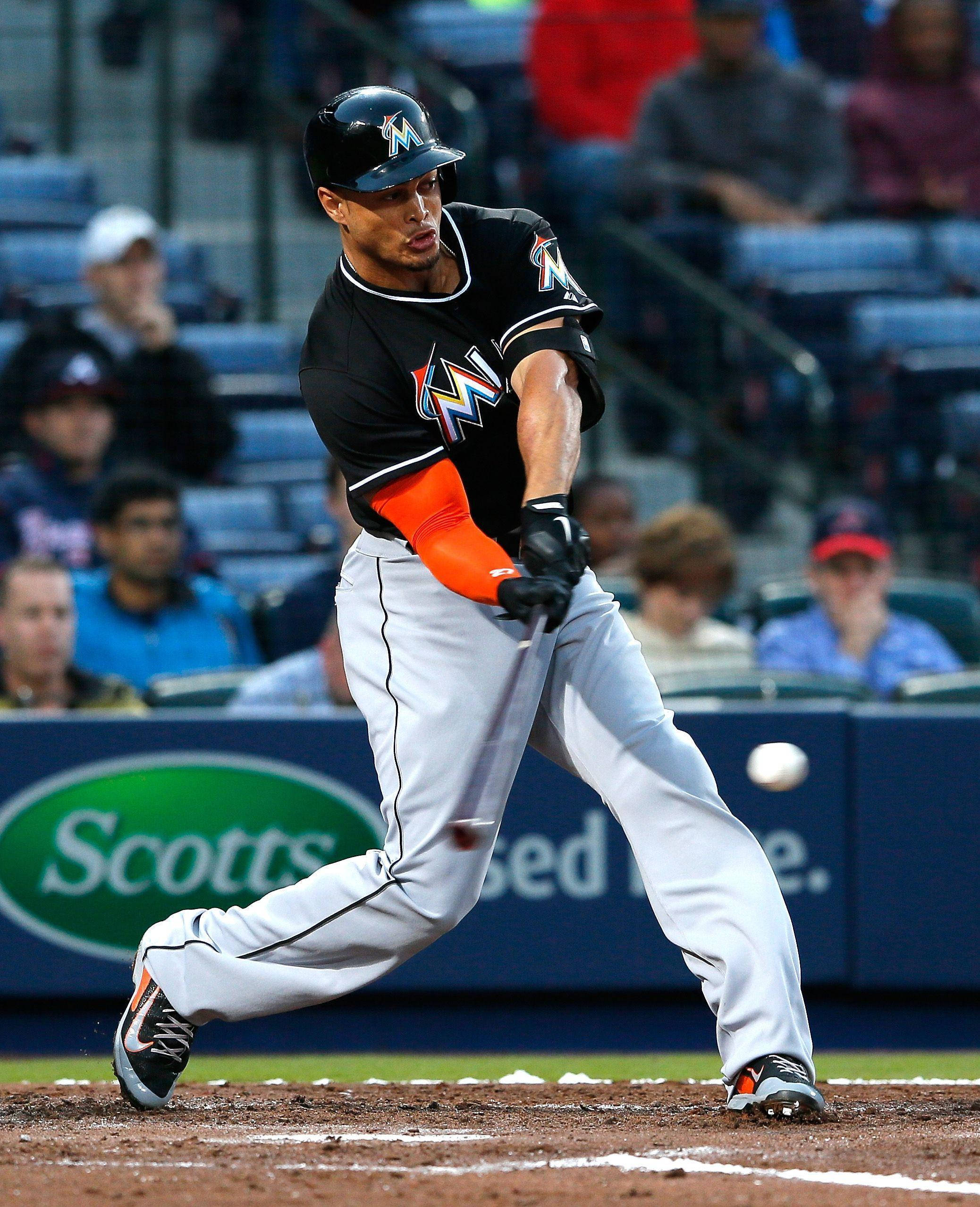 Giancarlo Stanton, black and orange uniform, white baseball, Full HD Phone Wallpaper