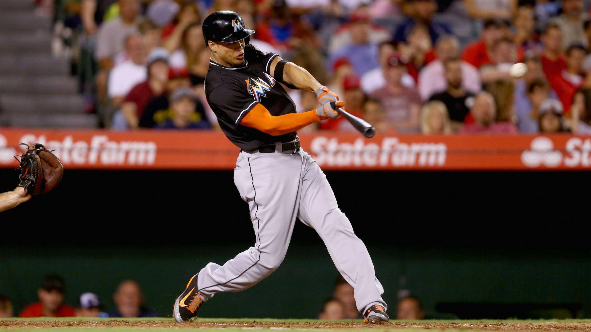 Giancarlo Stanton, black and orange uniform, night game, Full HD Desktop Wallpaper