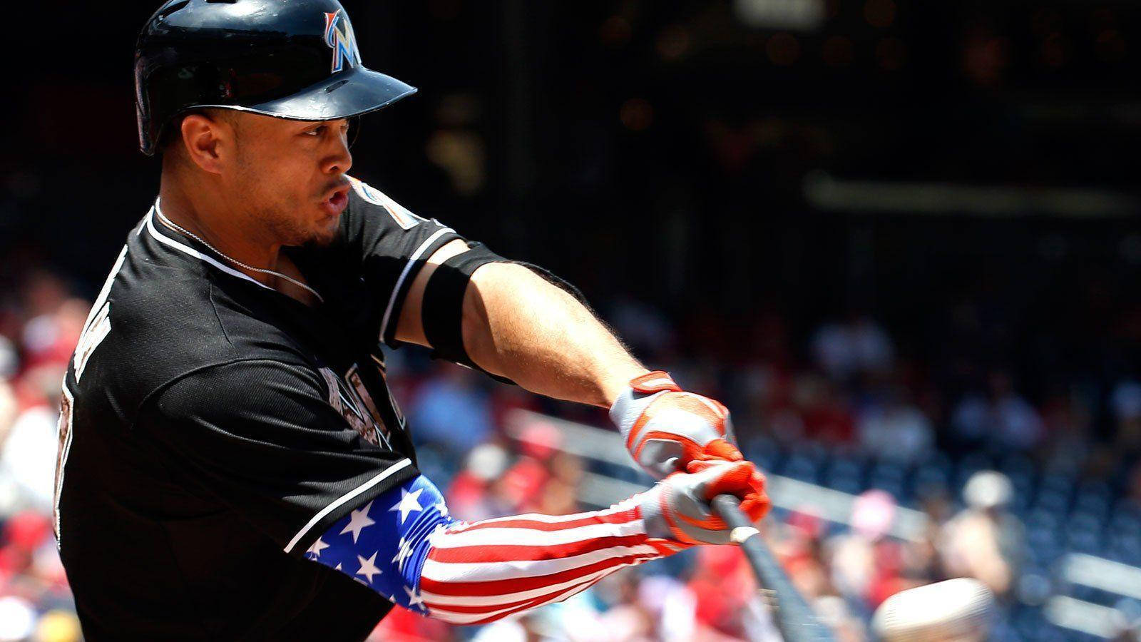 Giancarlo Stanton, black uniform, patriotic flag sleeve, HD Desktop Wallpaper