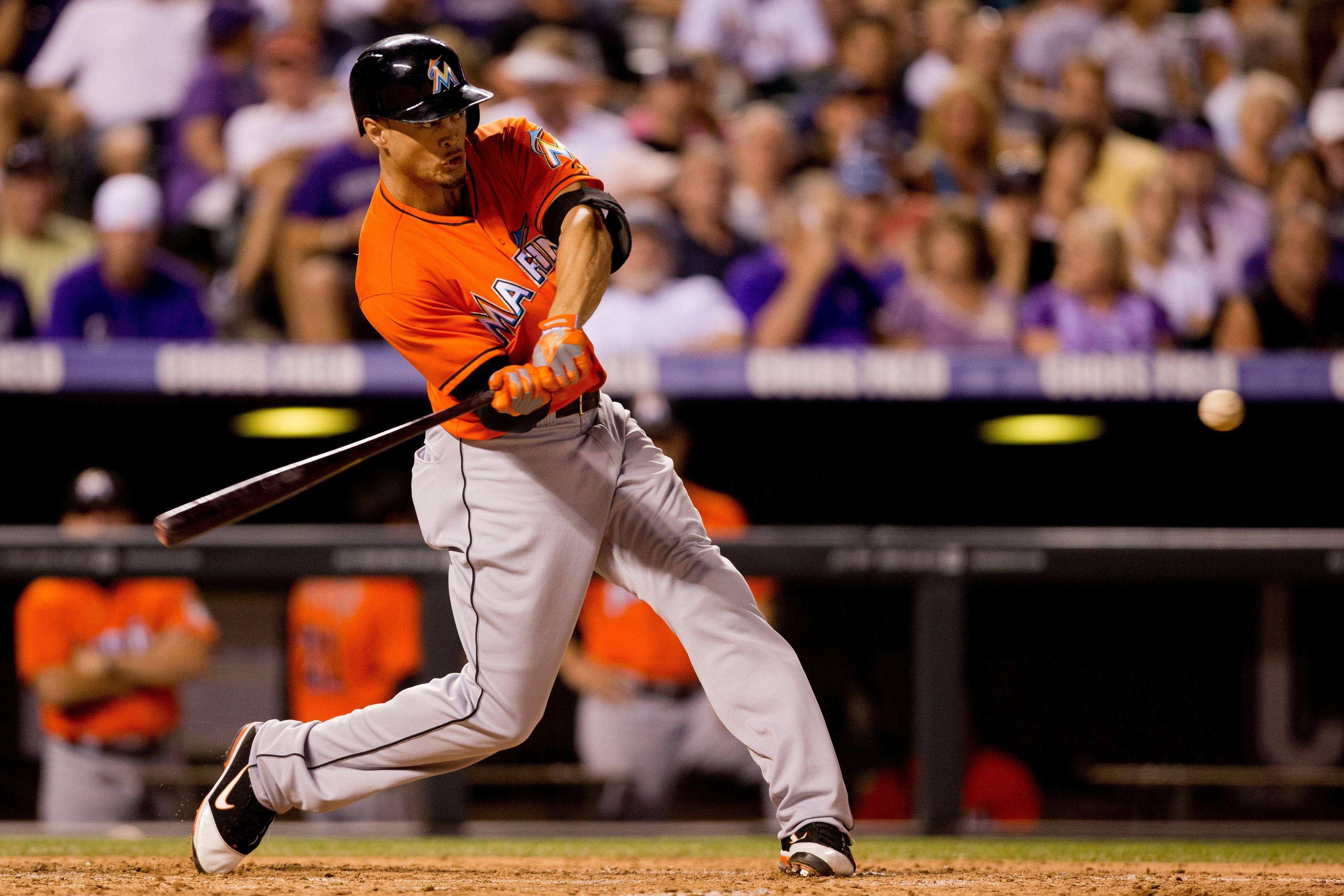 Giancarlo Stanton, orange jersey, stadium lights, 4K Desktop Wallpaper