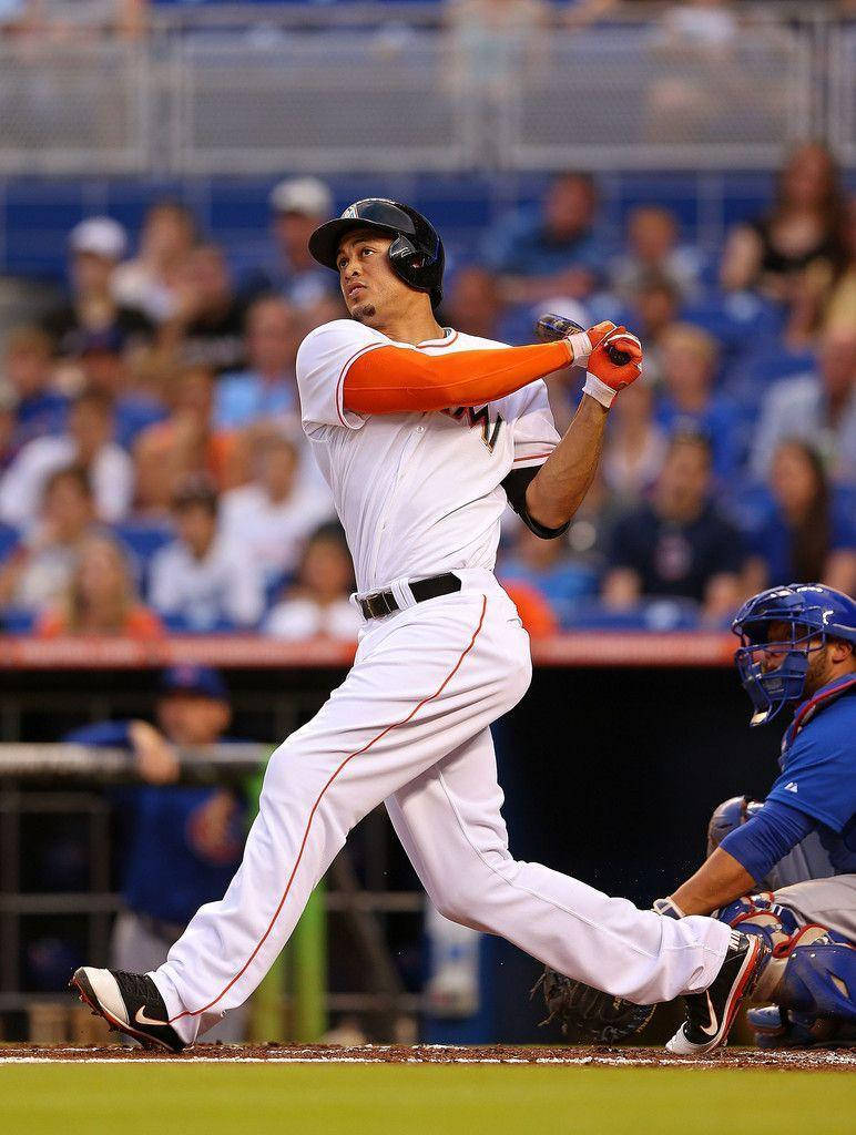Giancarlo Stanton, white and orange uniform, stadium lights, SD Phone Wallpaper