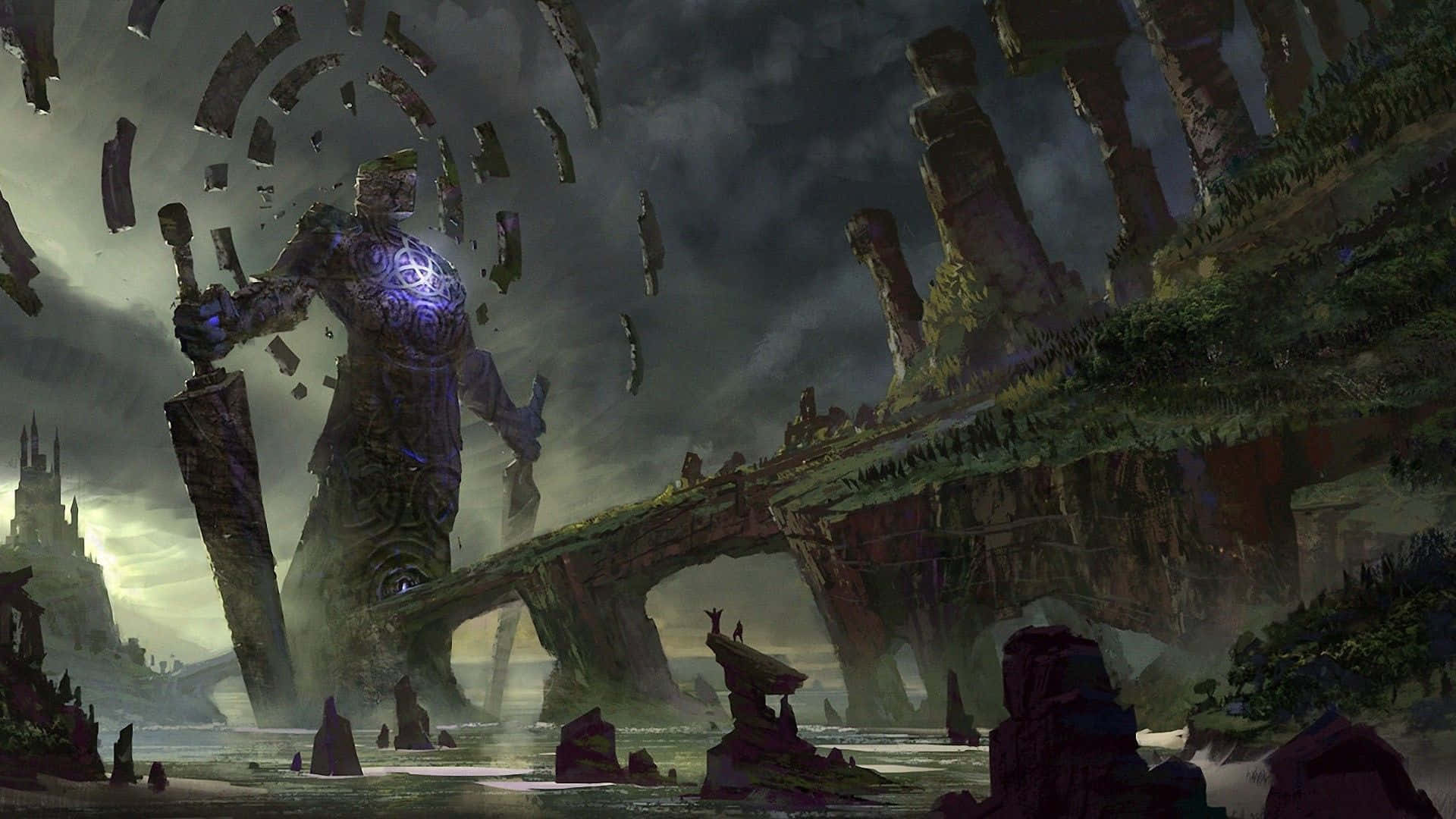 colossal armored warrior, glowing chest, crumbling ruins, Full HD Desktop Wallpaper