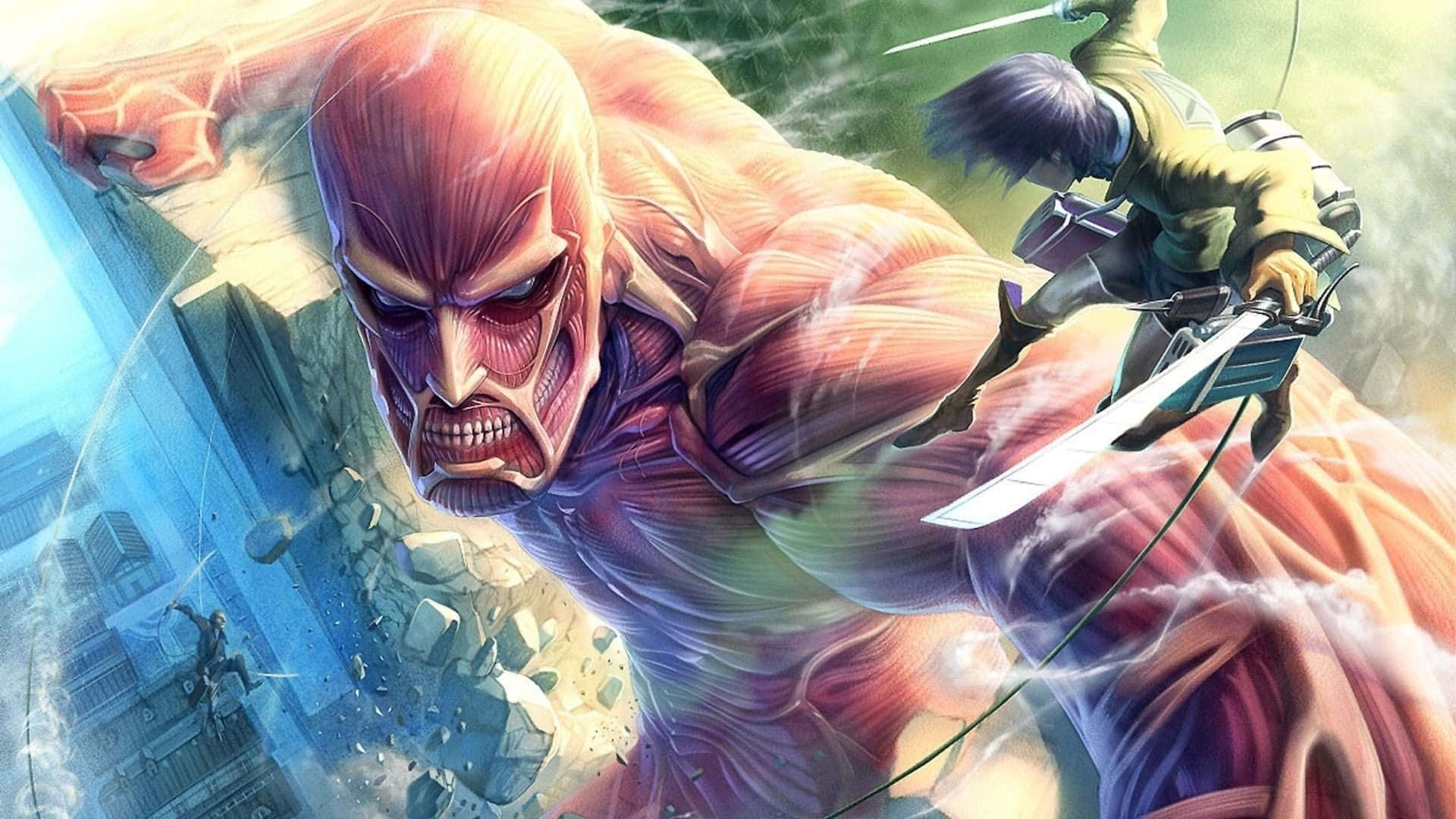 Giant Creatures, colossal humanoid titan, shattered city, Full HD Desktop Wallpaper