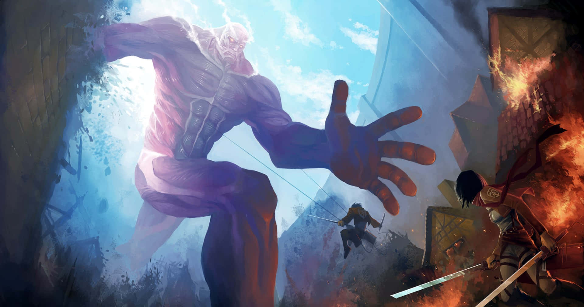 Giant Creatures, colossal titan, burning city, HD Desktop Wallpaper