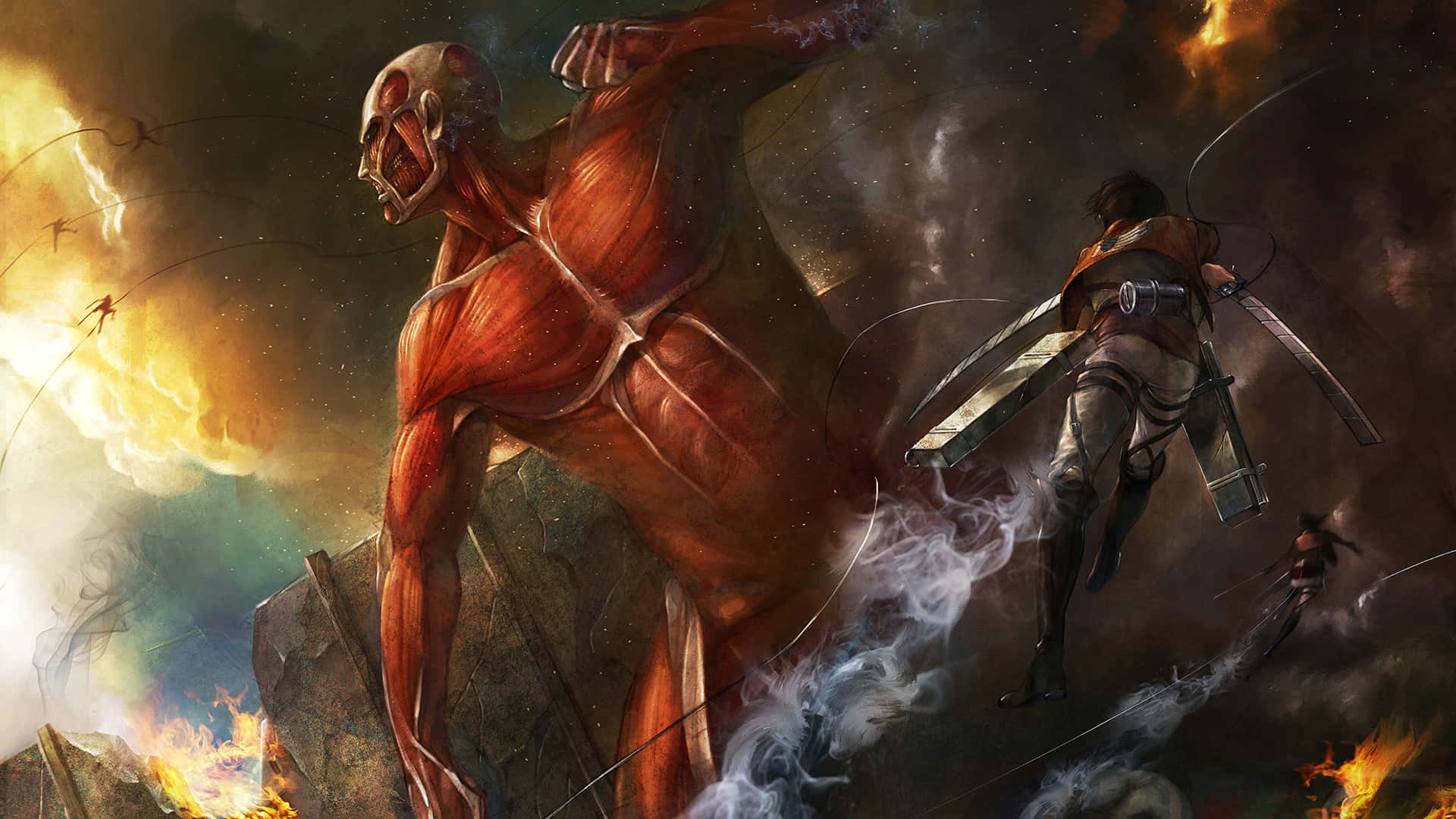 Giant Creatures, colossal red-skinned Titan, soldier in gear, Full HD Desktop Wallpaper