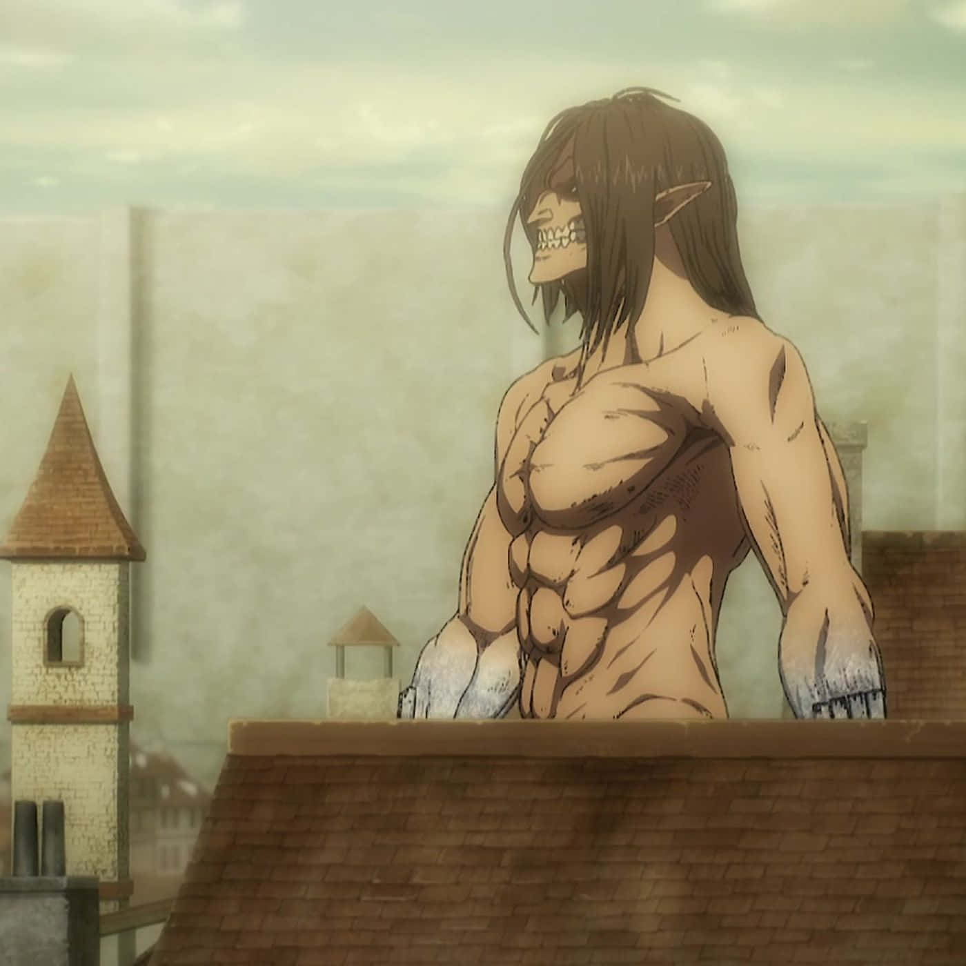 Giant Creatures, anime titan, tiled roof, HD Desktop Wallpaper