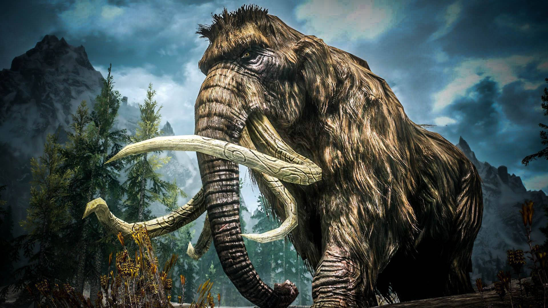 woolly mammoth, massive curved tusks, misty forest, Full HD Desktop Wallpaper