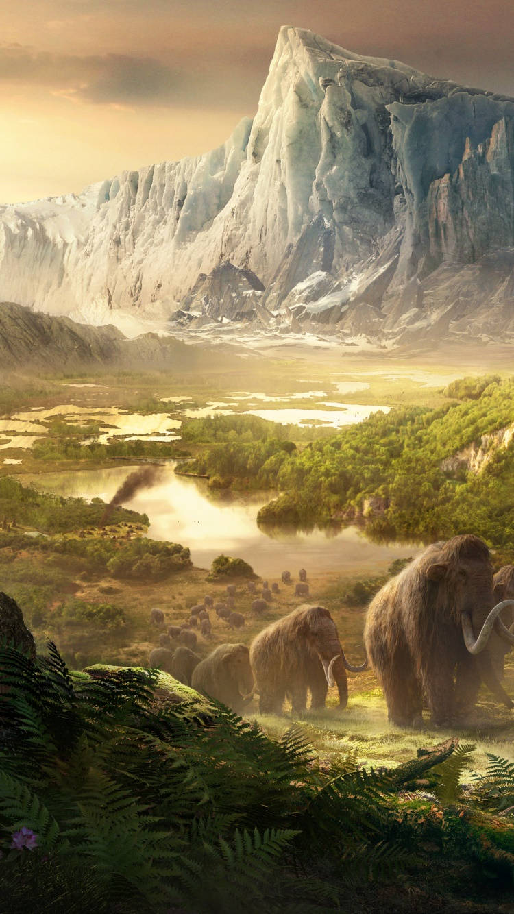 mammoth herd, lush valley, towering glacier, HD Phone Wallpaper