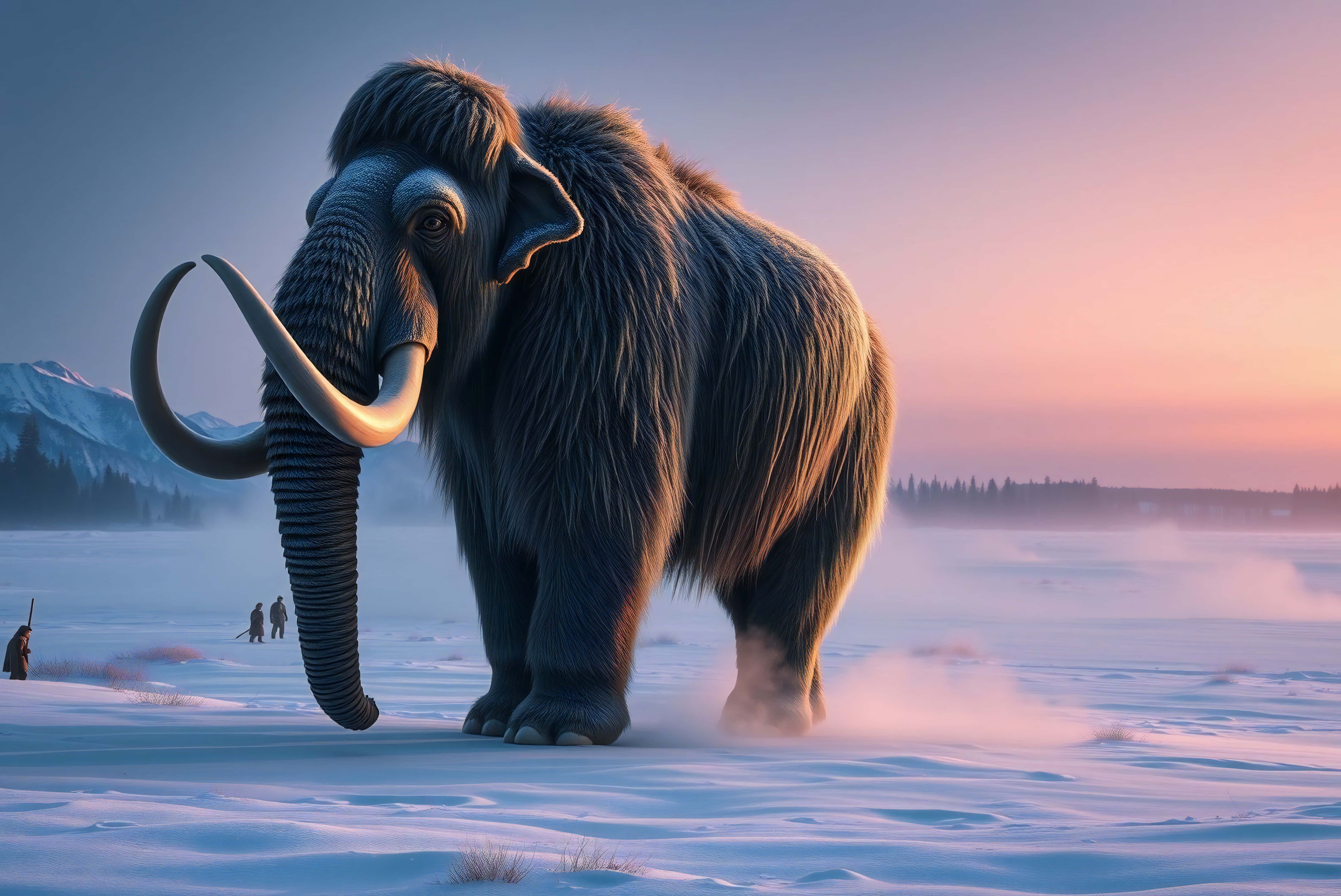 woolly mammoth, snowy tundra, dawn, 5K Desktop Wallpaper