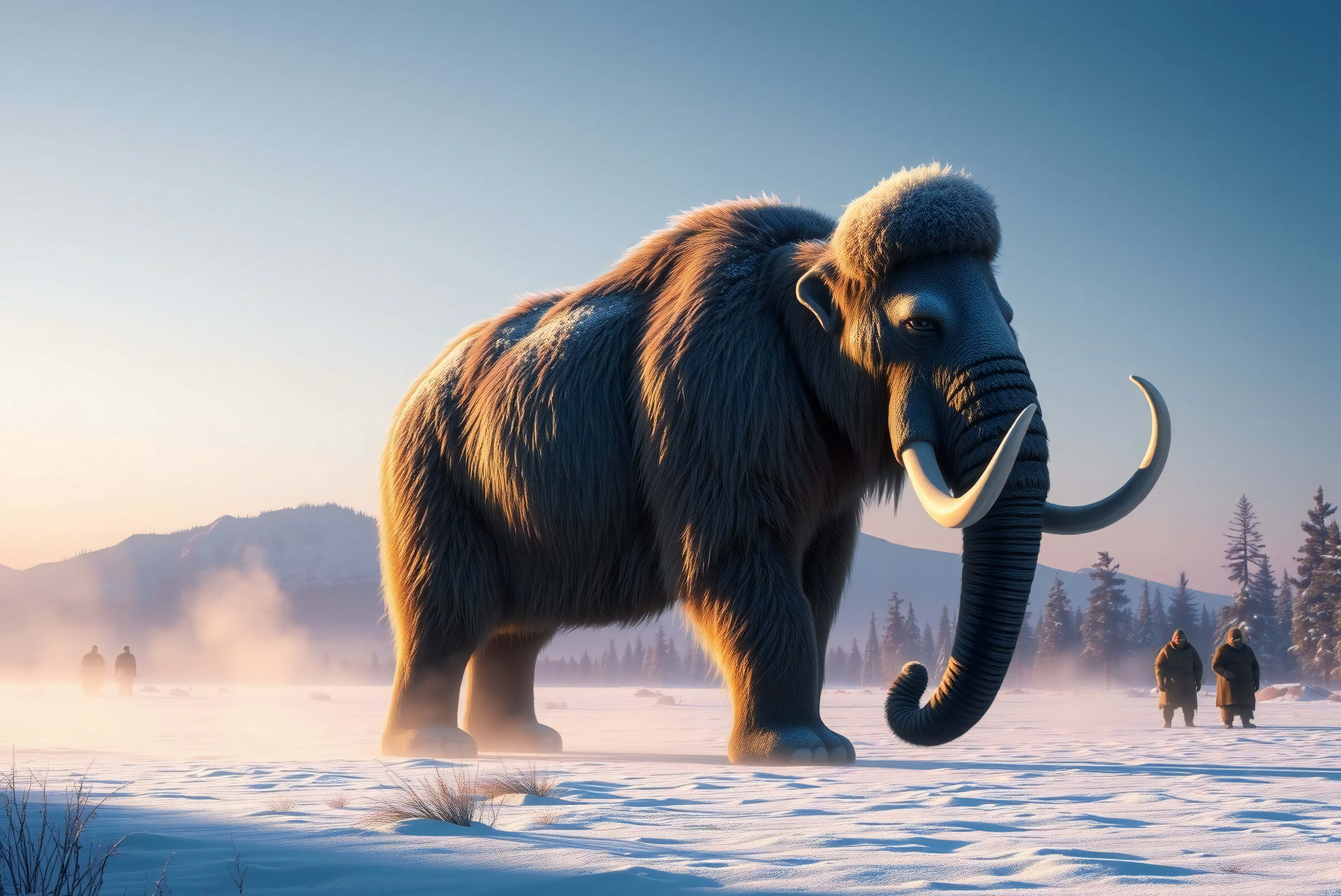 woolly mammoth, snowy field, sunrise, 5K Desktop Wallpaper