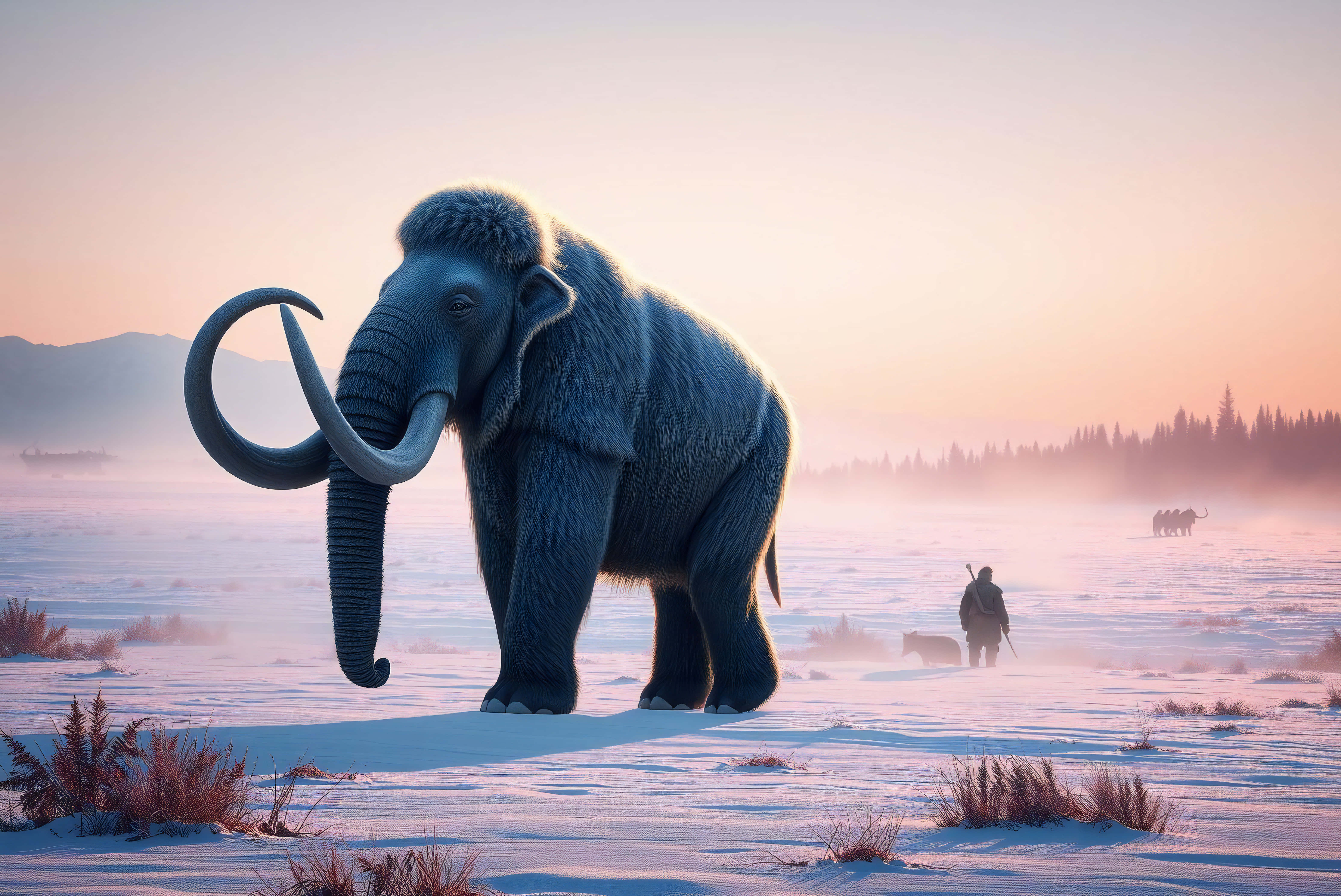 woolly mammoth, snowy field, dawn, 5K Desktop Wallpaper