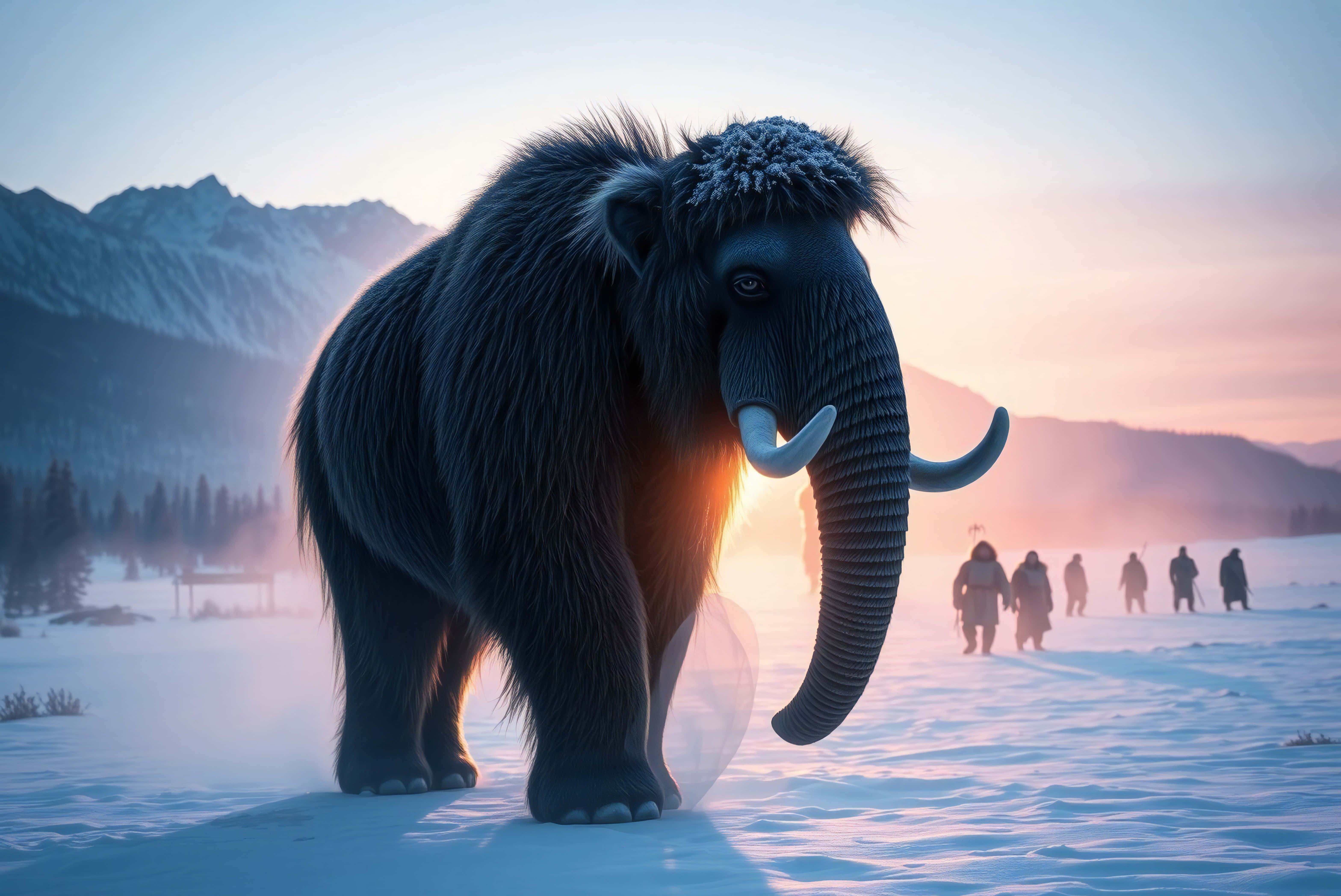 woolly mammoth, snowy field, sunrise, 5K Desktop Wallpaper