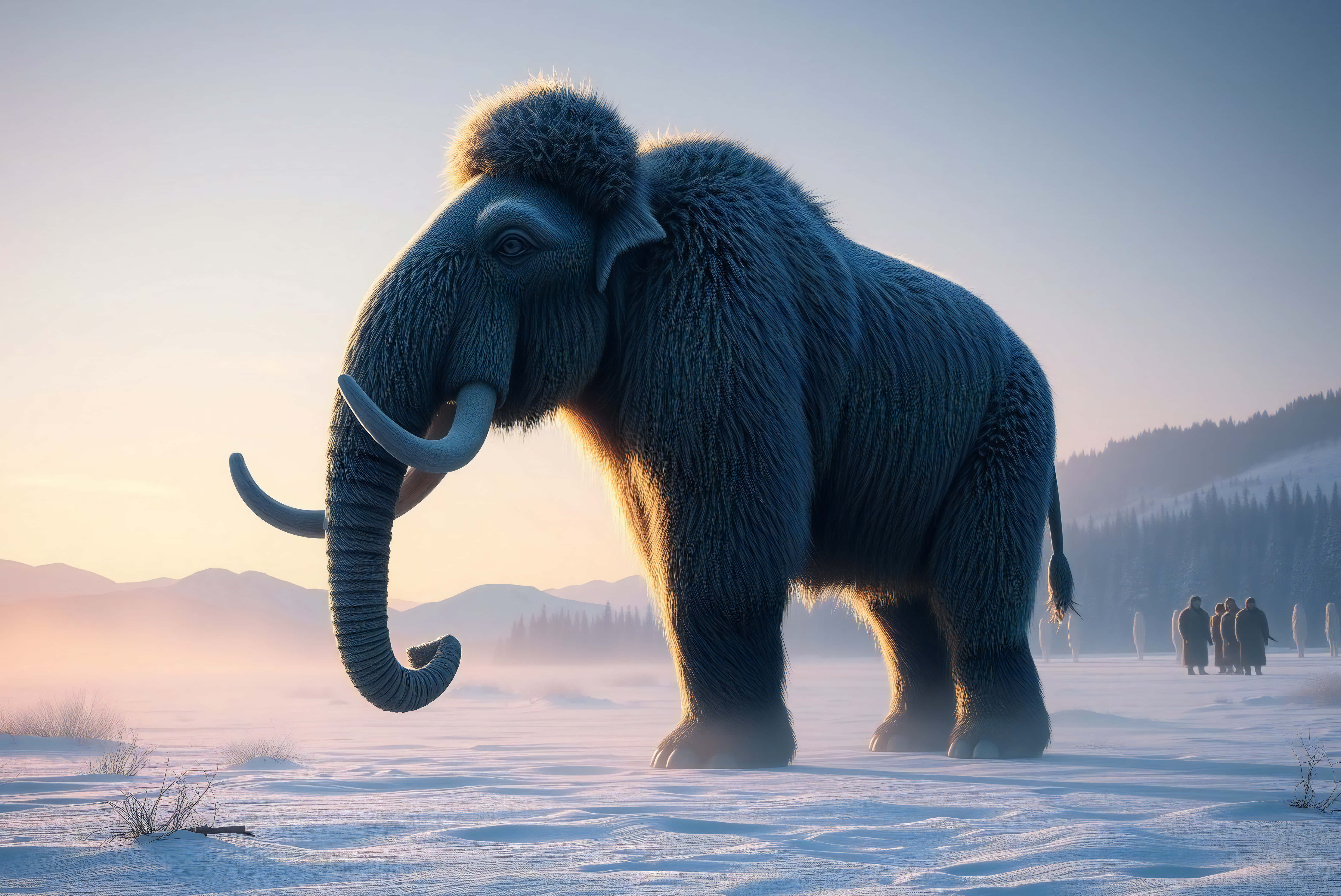 woolly mammoth, snowy field, sunrise, 5K Desktop Wallpaper
