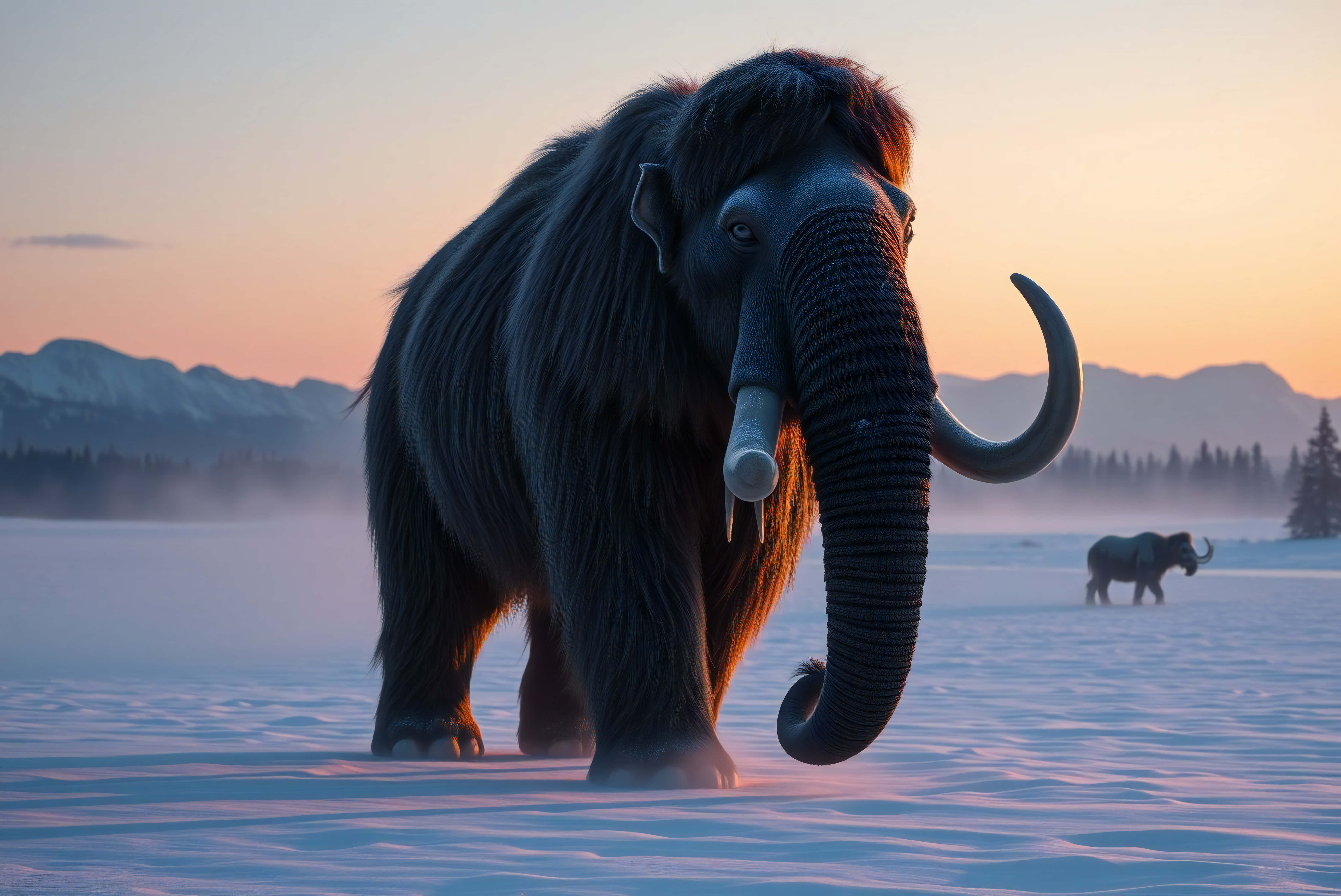 woolly mammoth, sunset, shallow snow, 5K Desktop Wallpaper