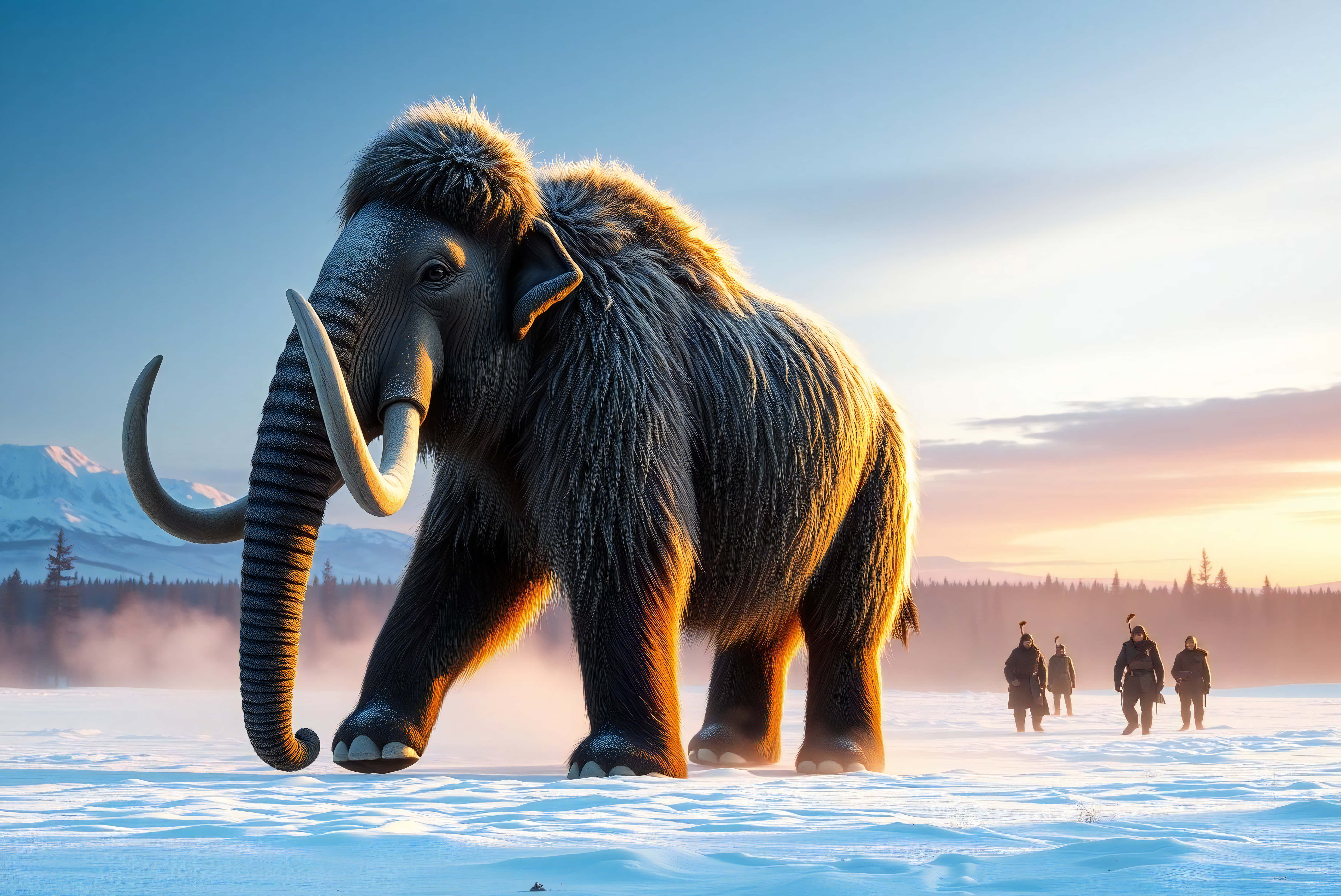 woolly mammoth, snowy tundra, sunrise sky, 5K Desktop Wallpaper