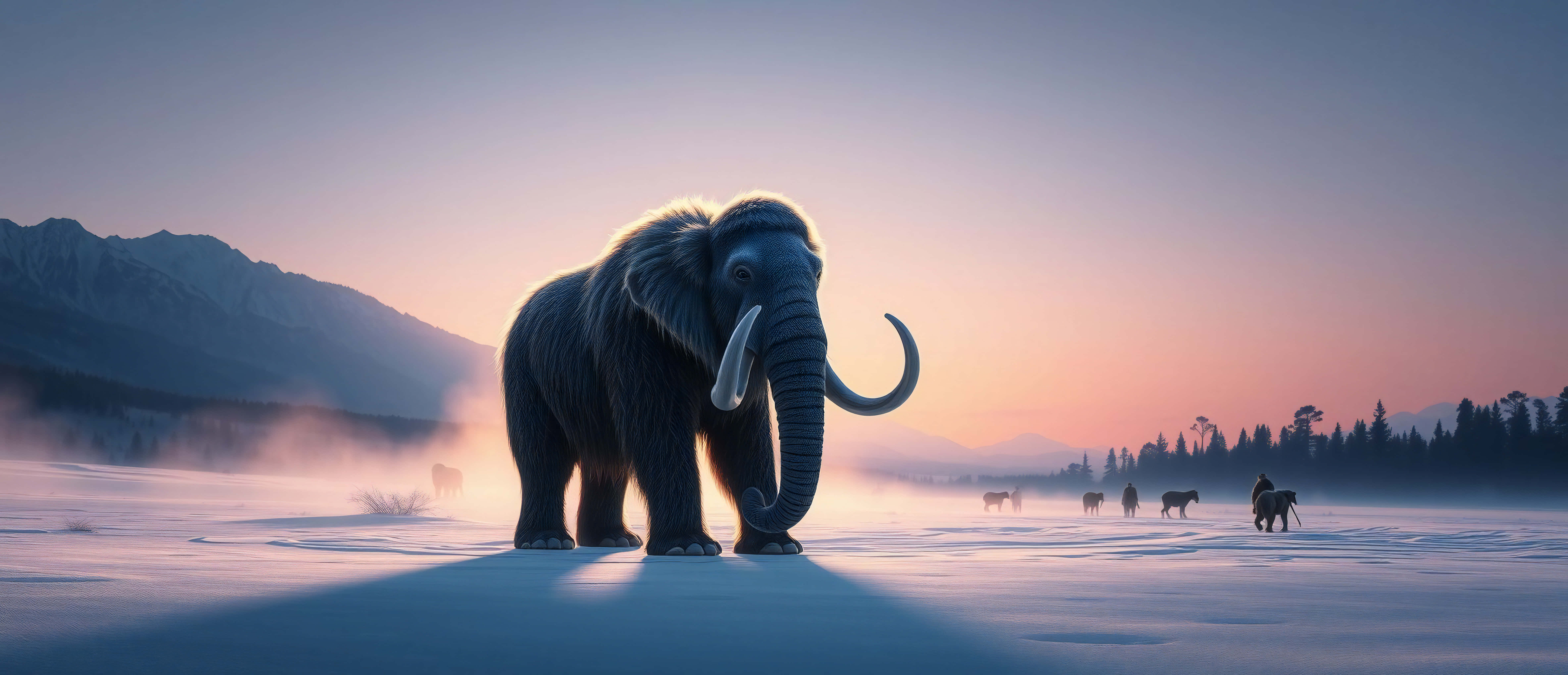 woolly mammoth, snowy field, dawn, 8K Desktop Wallpaper