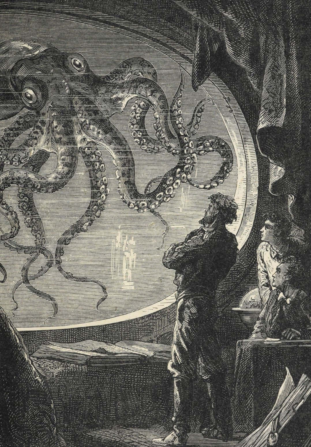 Giant Pacific Octopus, vintage engraving, ship porthole, HD Phone Wallpaper
