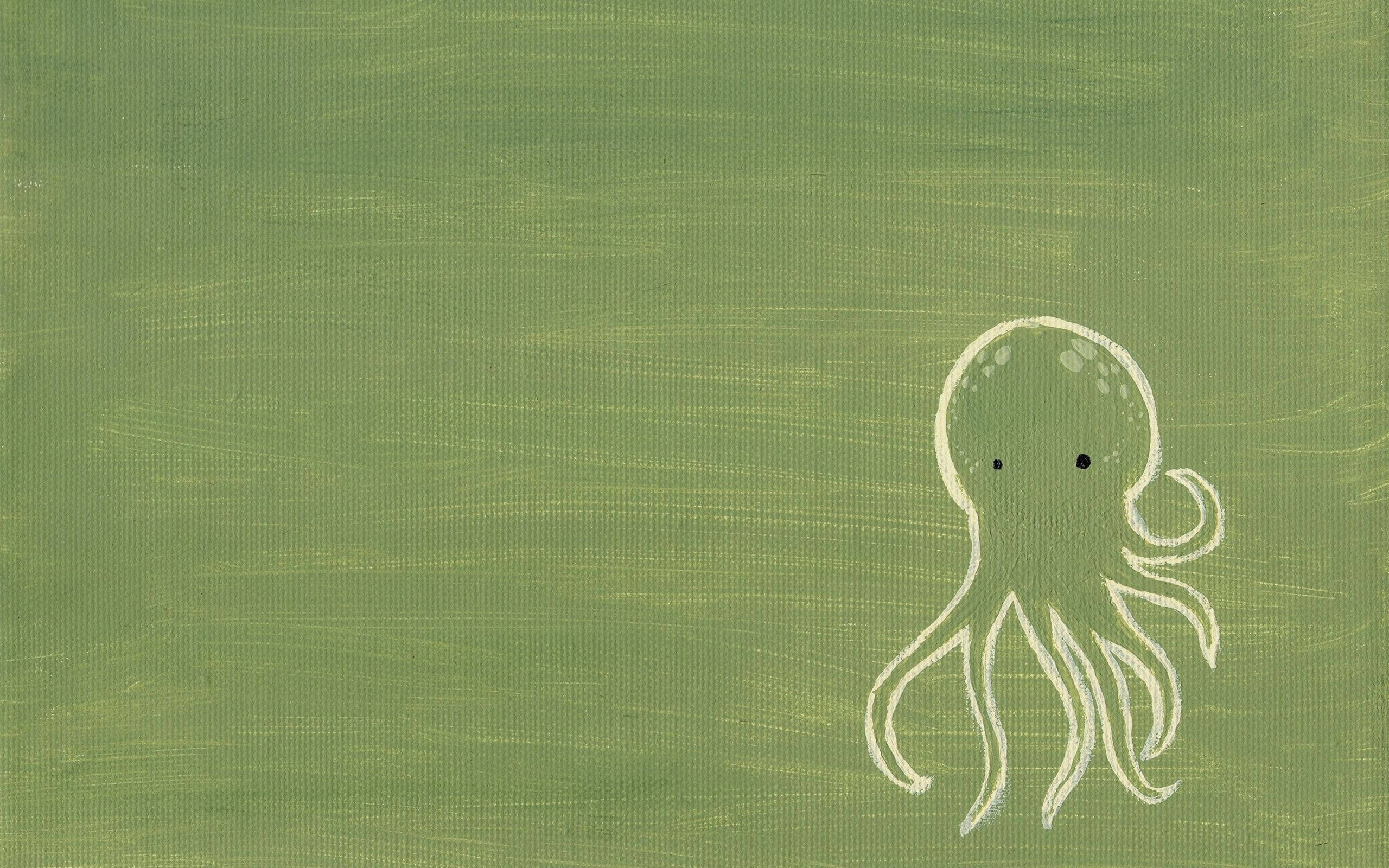 white octopus, minimalist white line drawing, dot eyes, 2K Desktop Wallpaper