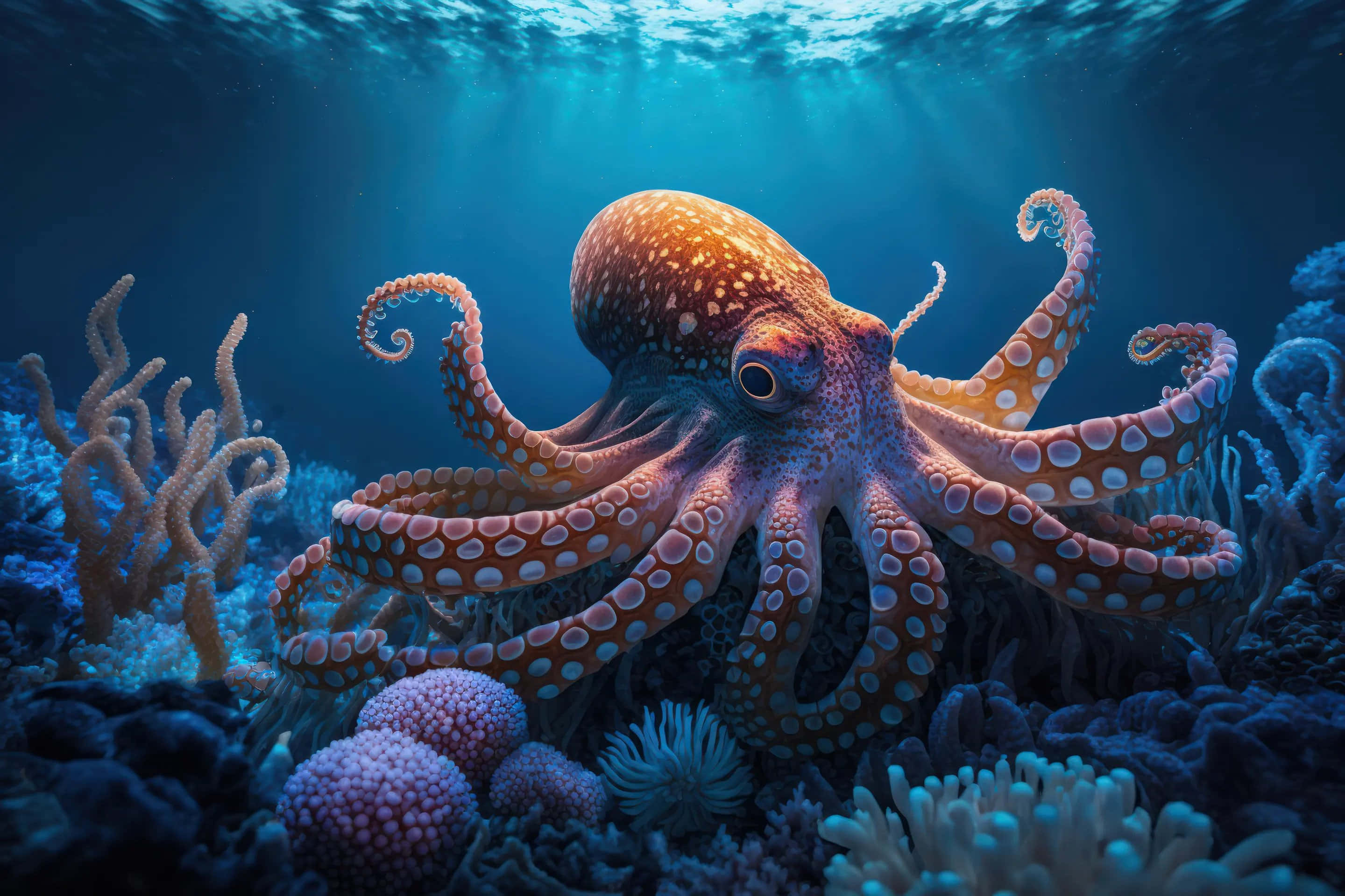 vibrant orange octopus, white spots, colorful coral, 2K Desktop Wallpaper