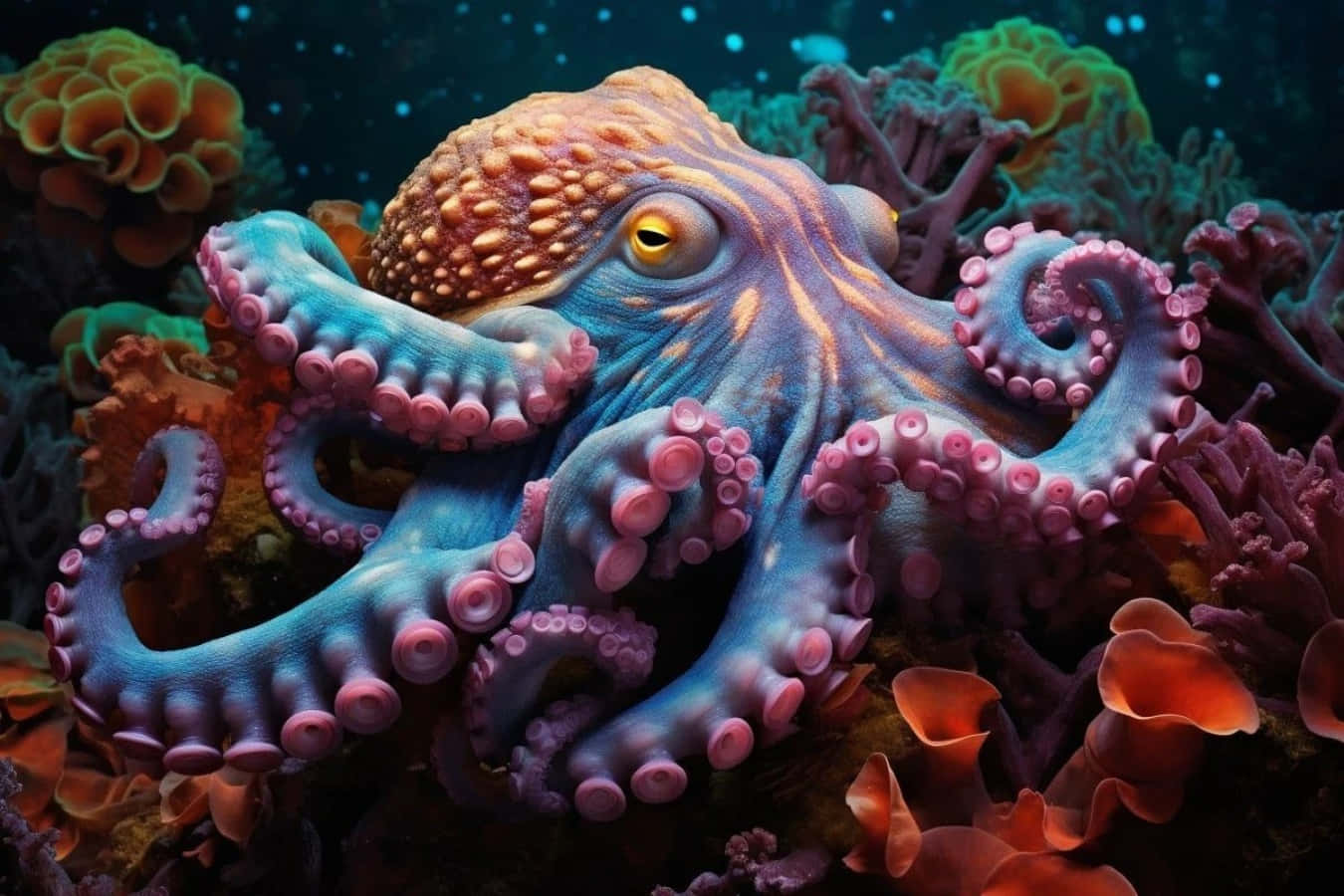 vibrant blue octopus, pink suction cups, glowing coral, HD Desktop Wallpaper