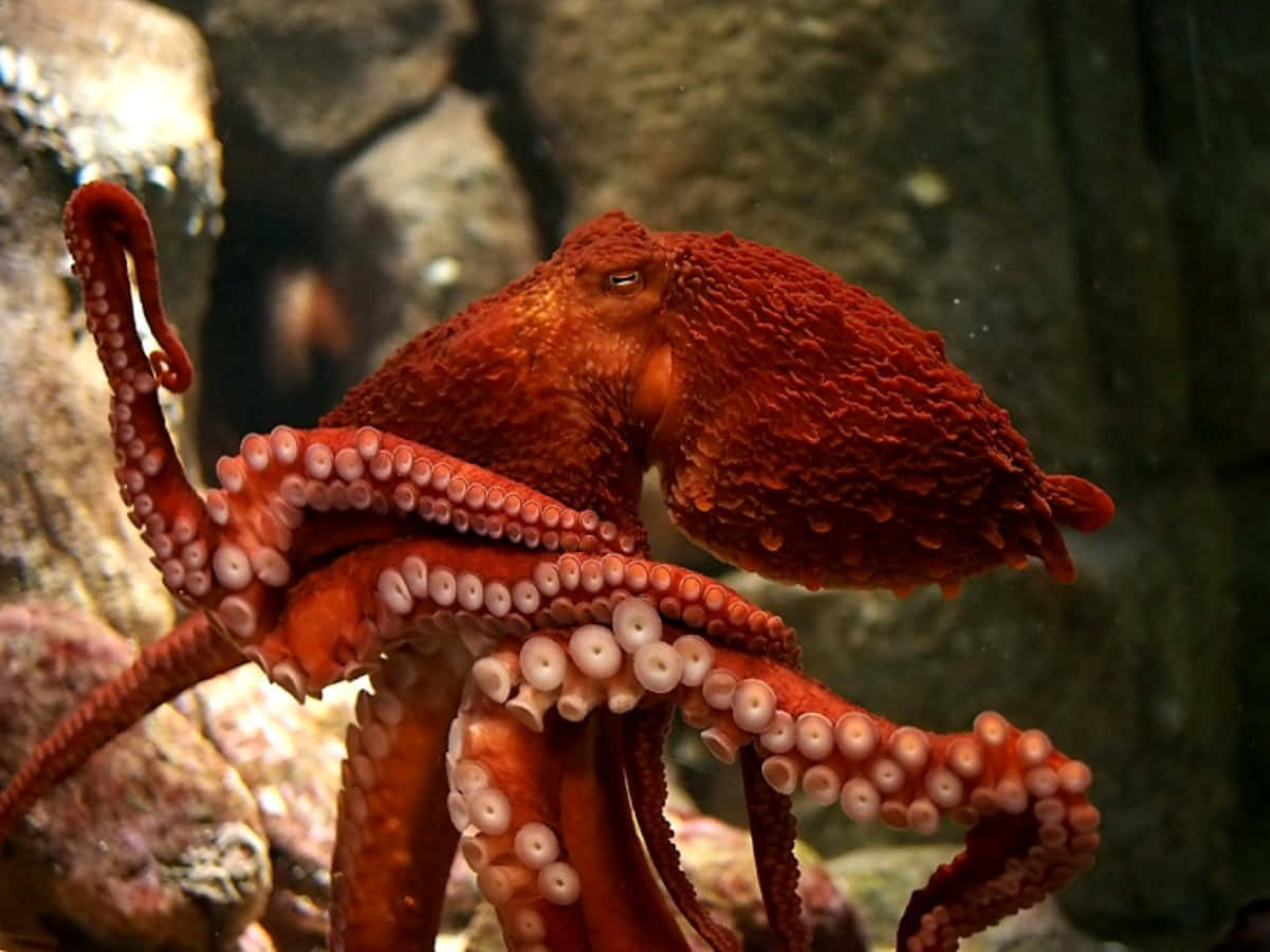 Giant Pacific Octopus, vivid red, textured skin, SD Desktop Wallpaper