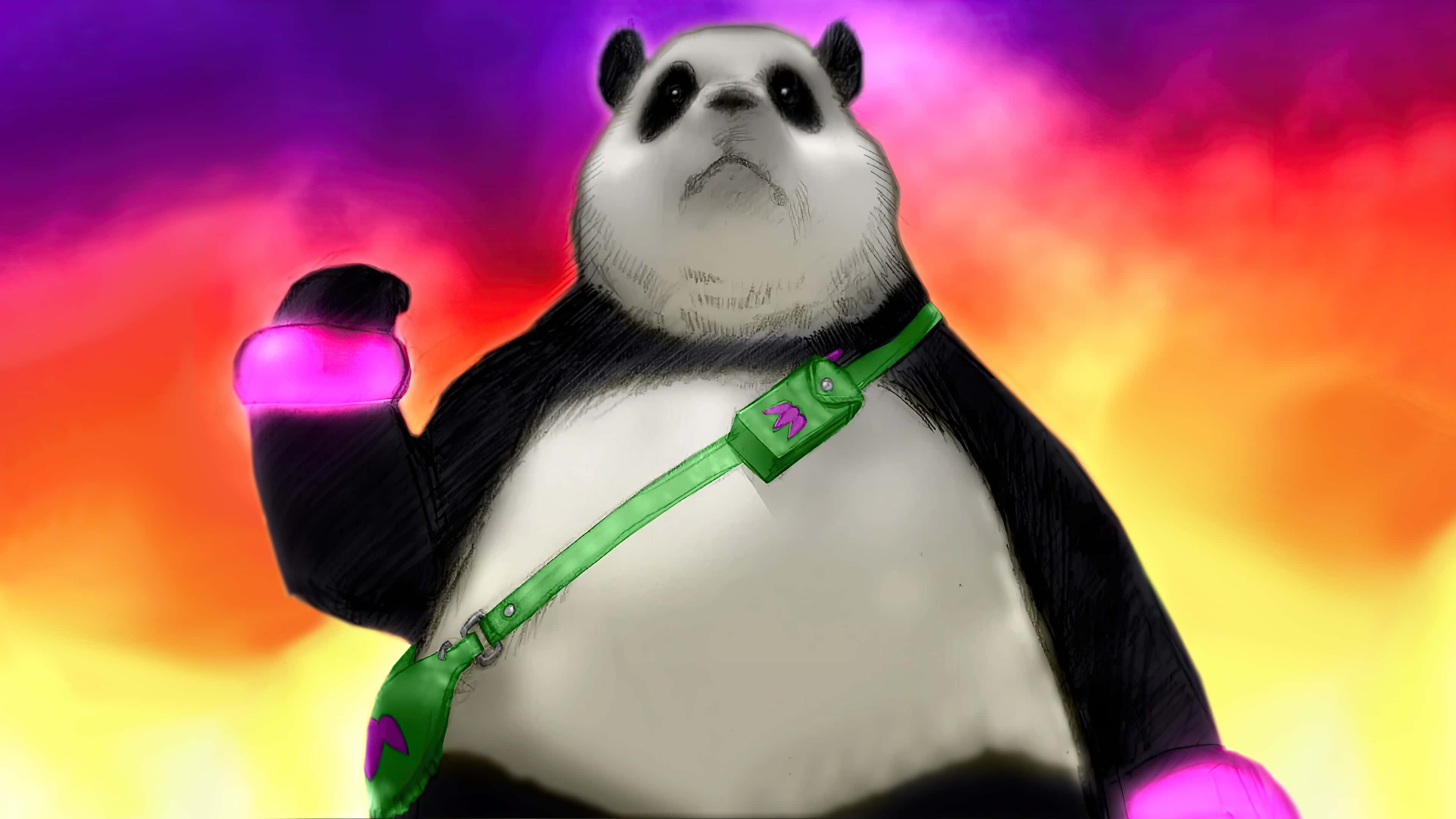 Giant Panda, green harness, glowing pink fists, 4K Desktop Wallpaper