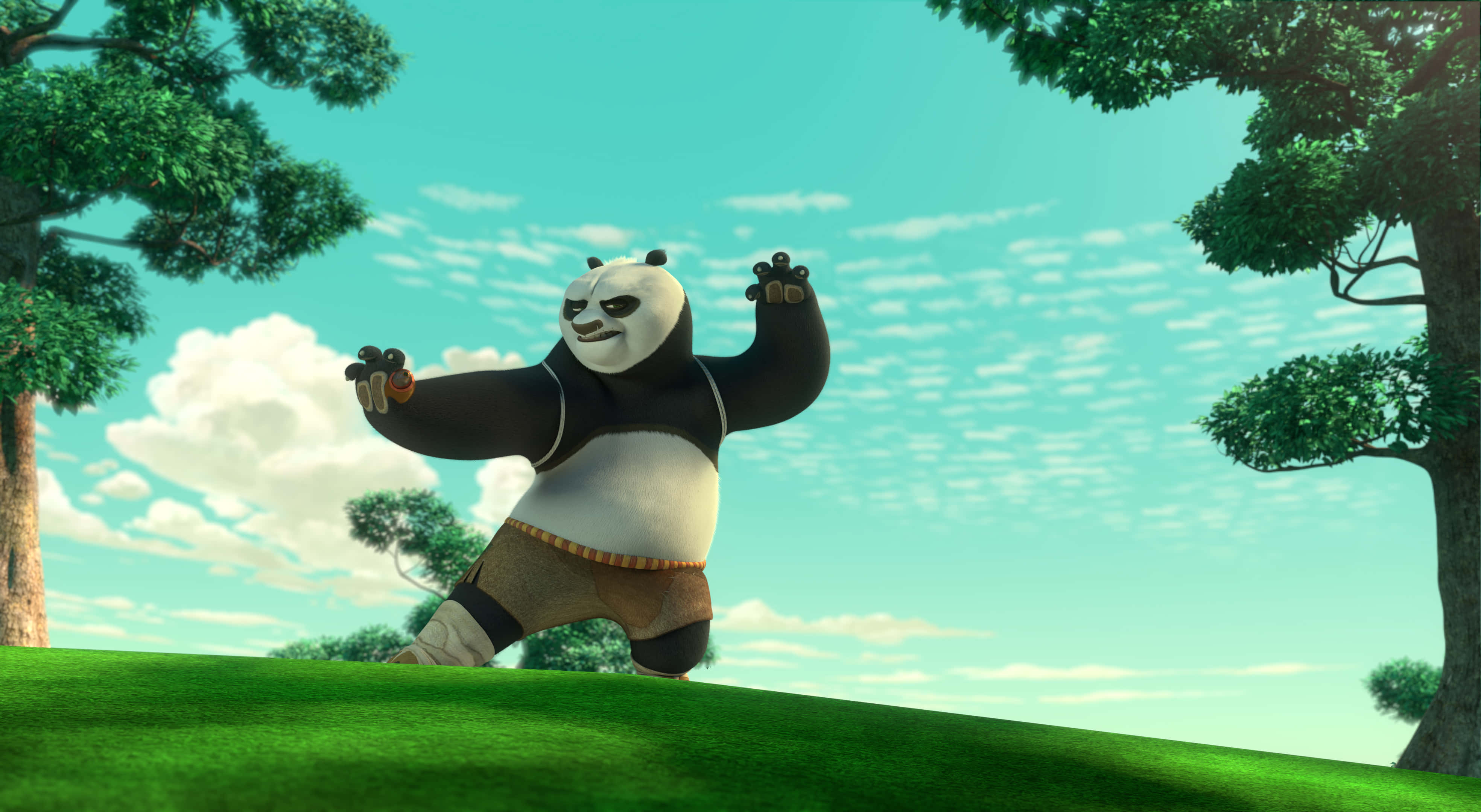 Giant Panda, kung fu stance, grassy hill, 4K Desktop Wallpaper