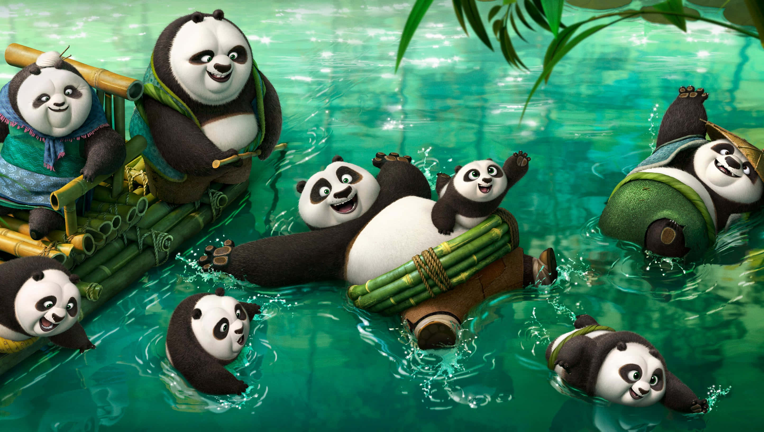 Giant Panda, clear green water, bamboo, 2K Desktop Wallpaper