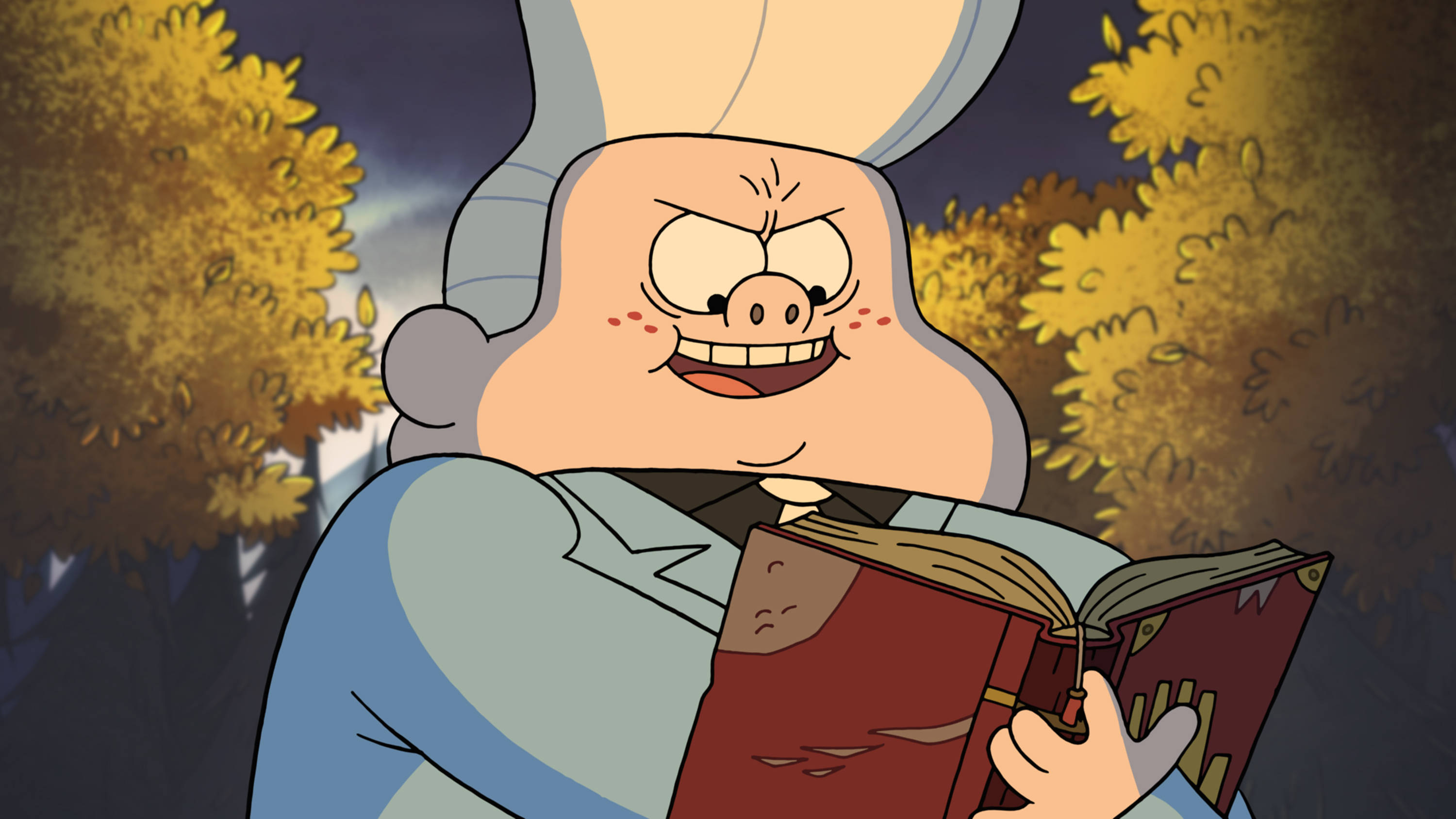 Gideon Gleeful, animated pig character, grumpy expression, 2K Desktop Wallpaper