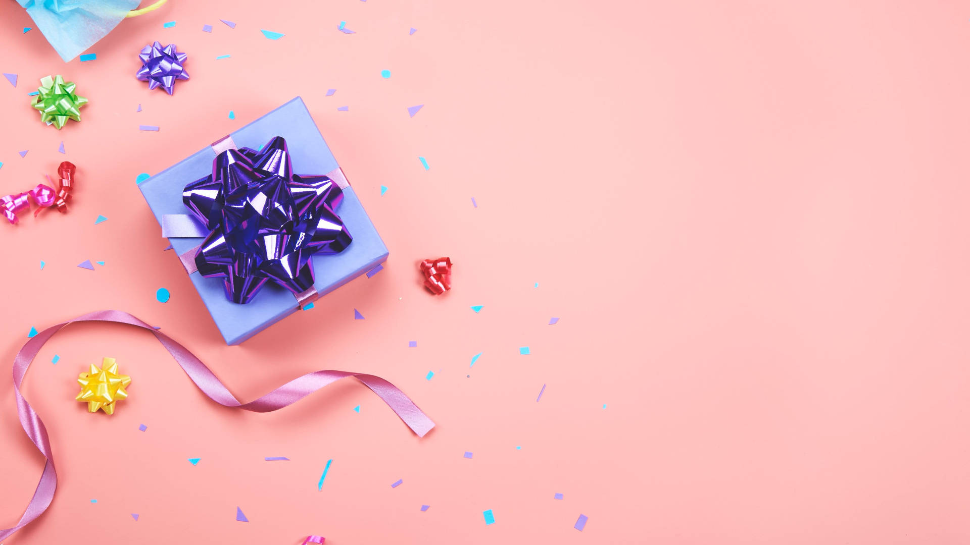 purple gift box, shiny purple bow, soft pink surface, Full HD Desktop Wallpaper