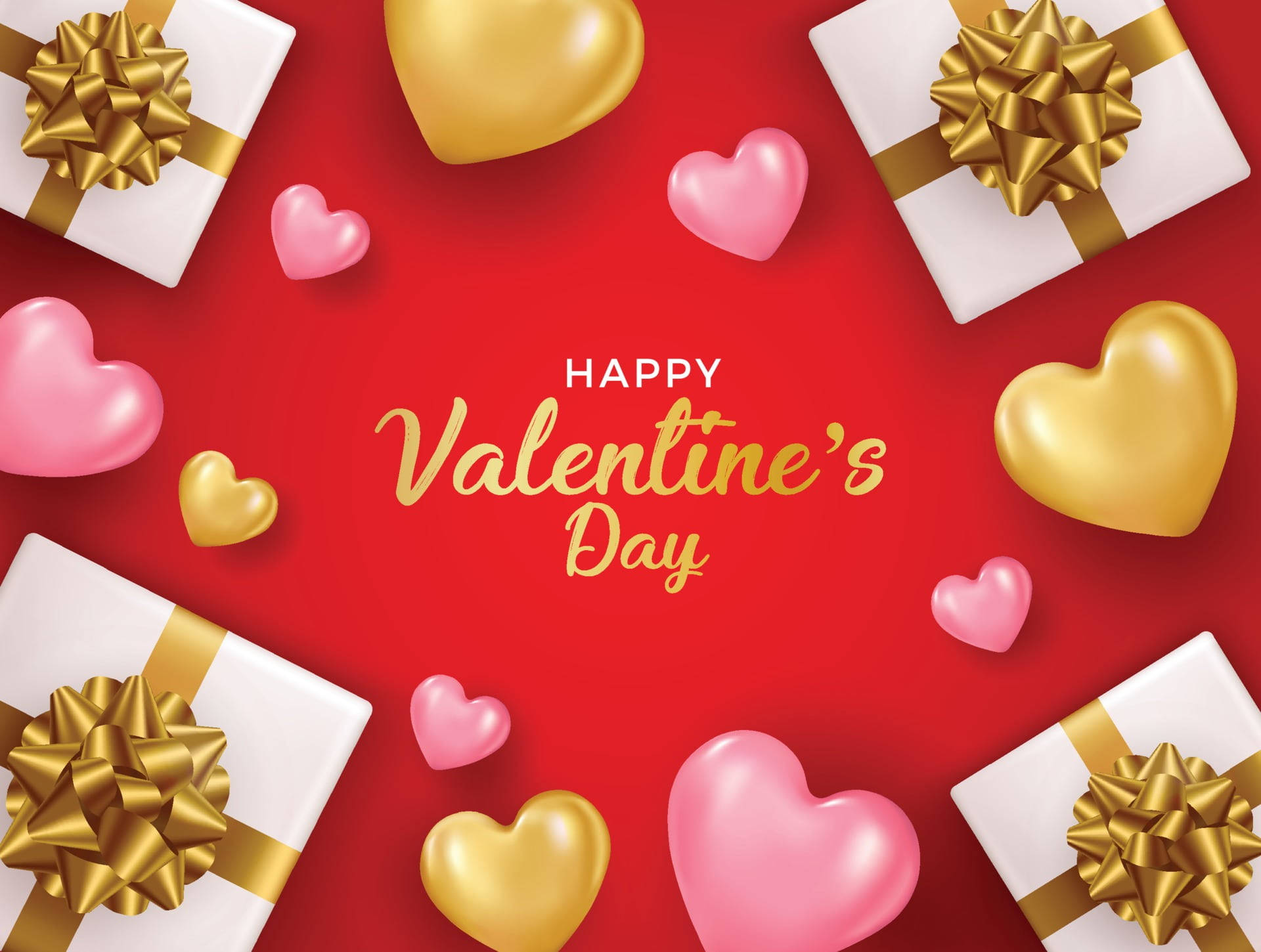 gold gifts, pink hearts, gold hearts, Full HD Desktop Wallpaper