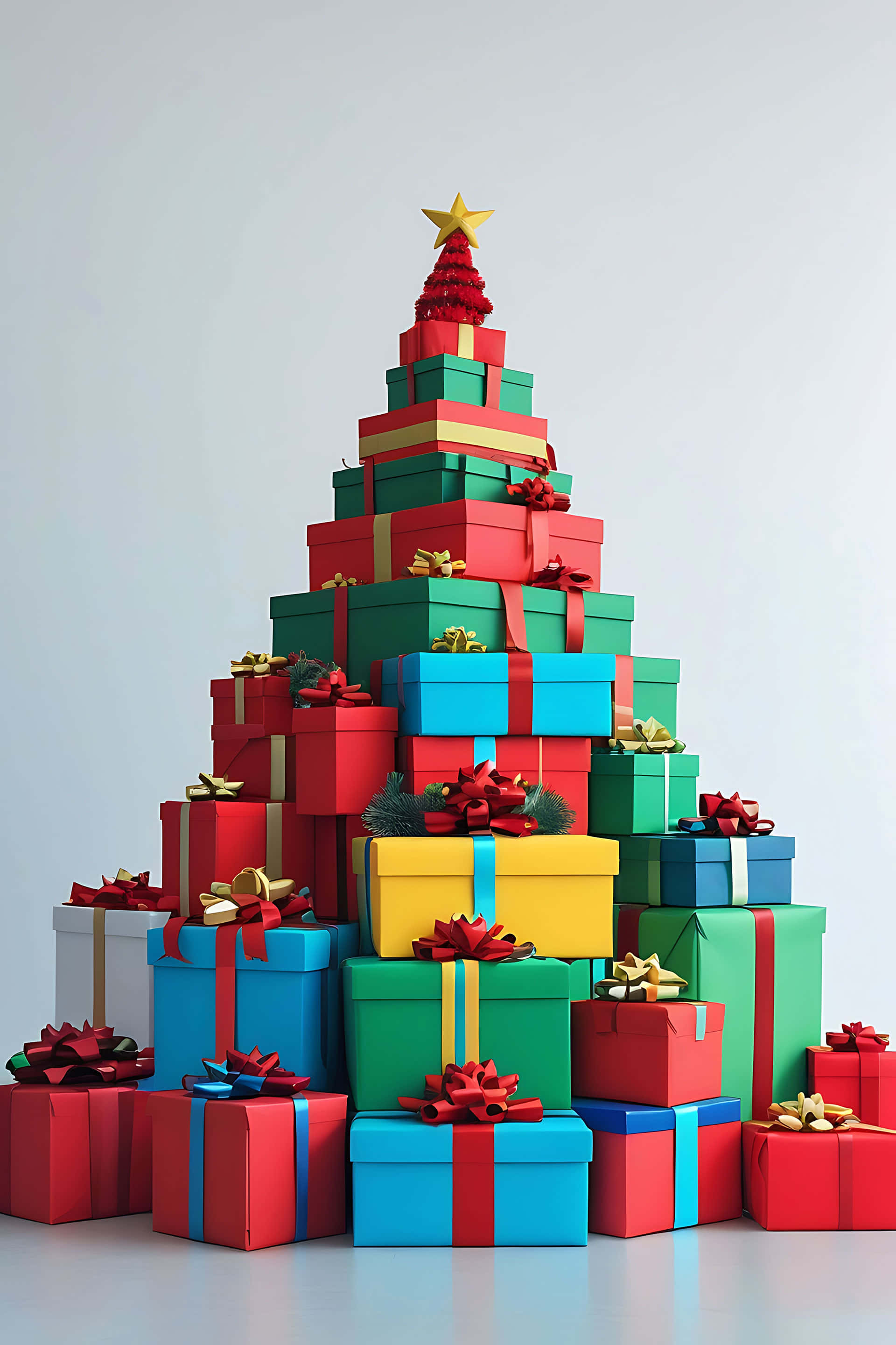 colorful gift box pyramid, golden star topper, Christmas tree, 2K Phone Wallpaper