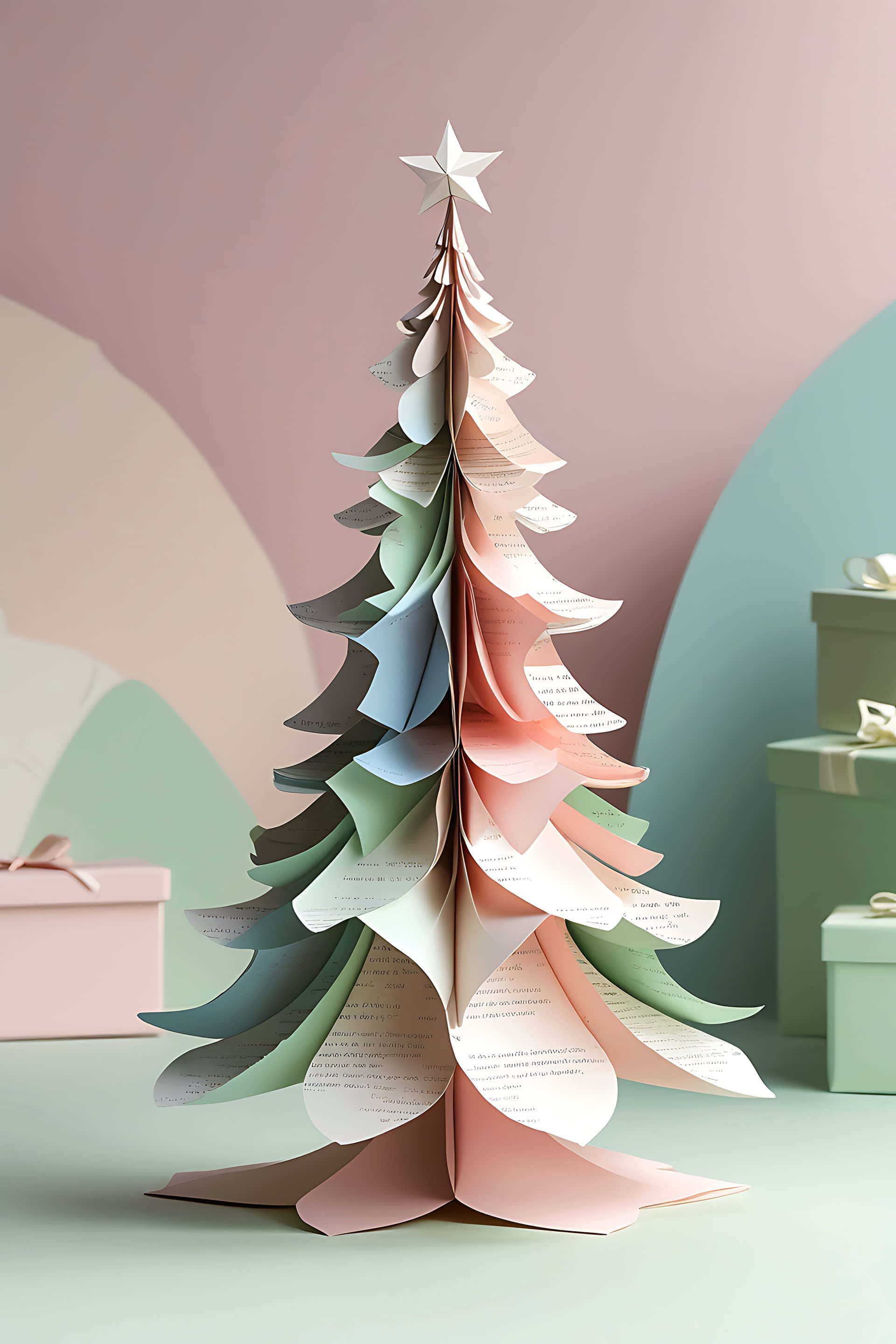 pastel-colored paper Christmas tree, layered book pages, gift boxes, 2K Phone Wallpaper