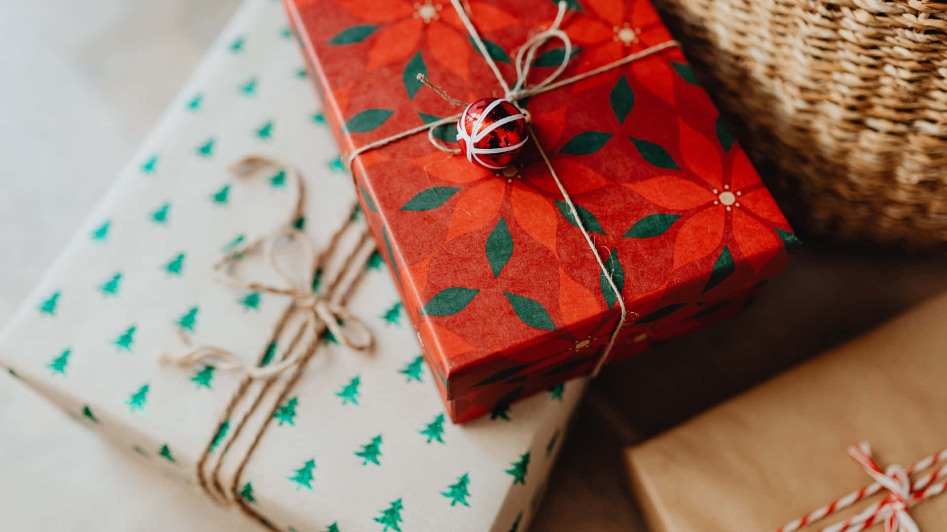 red poinsettia, green tree, brown paper patterns, Full HD Desktop Wallpaper