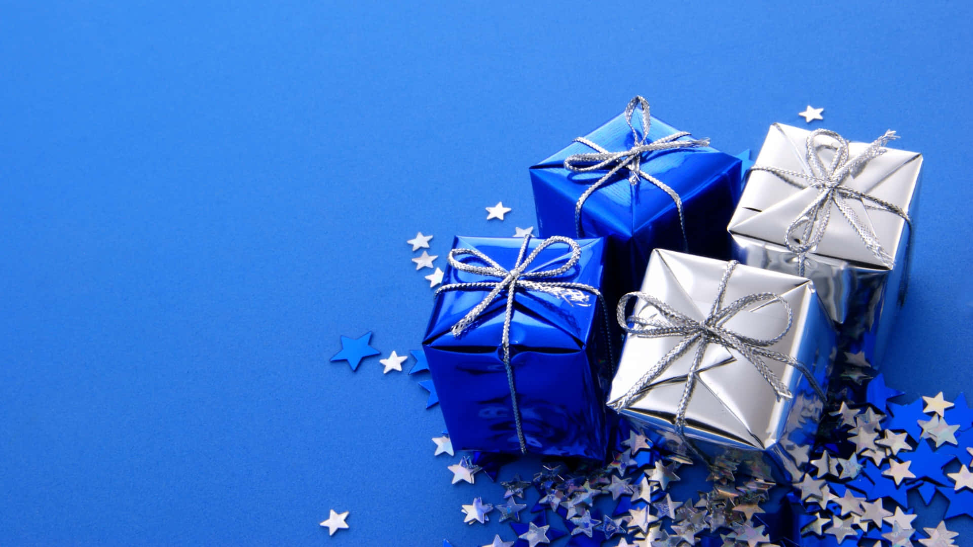 blue and silver gift boxes, glossy blue, silver ribbons, Full HD Desktop Wallpaper