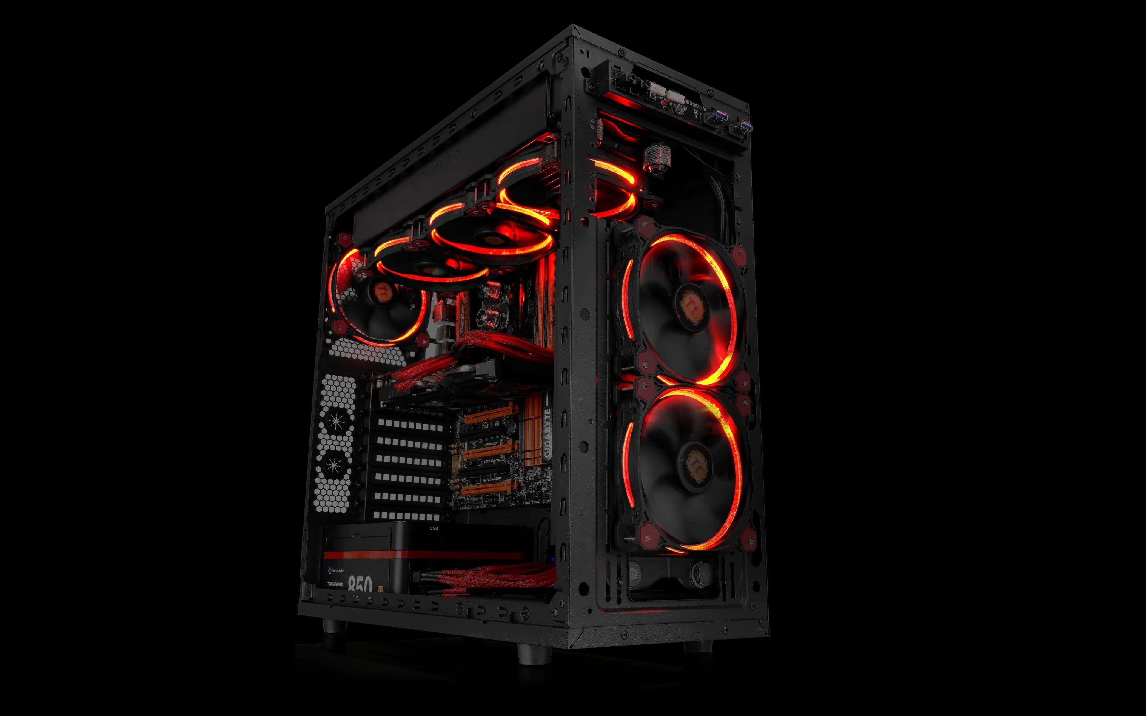 custom red lit gaming PC, black computer case, glowing red internal fans, 4K Desktop Wallpaper