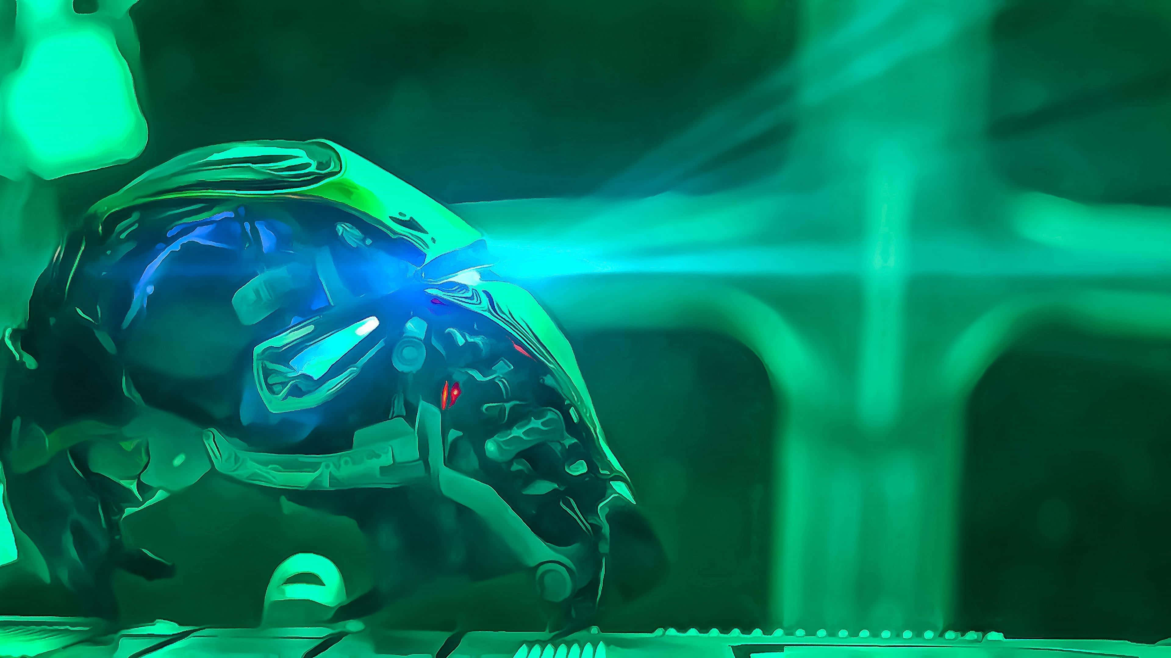 futuristic helmet, glowing blue and red lights, neon green sci-fi environment, 4K Desktop Wallpaper