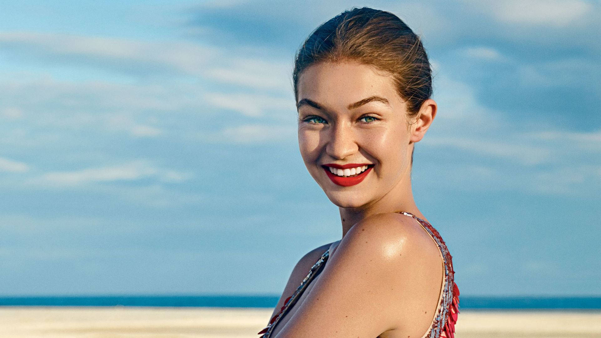 Gigi Hadid, red lips, beach, Full HD Desktop Wallpaper