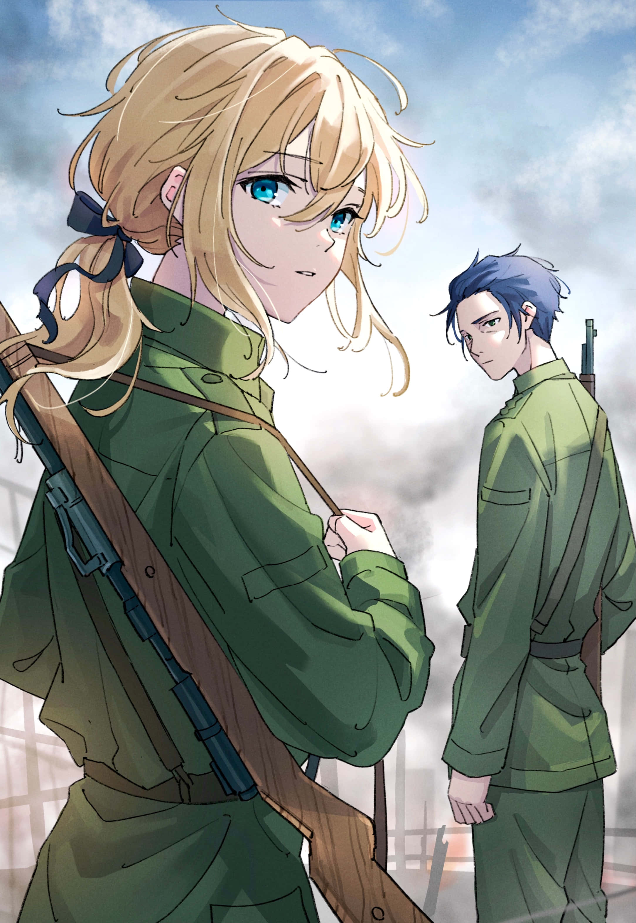 Gilbert Bougainvillea, anime soldiers, green uniforms, 2K Phone Wallpaper