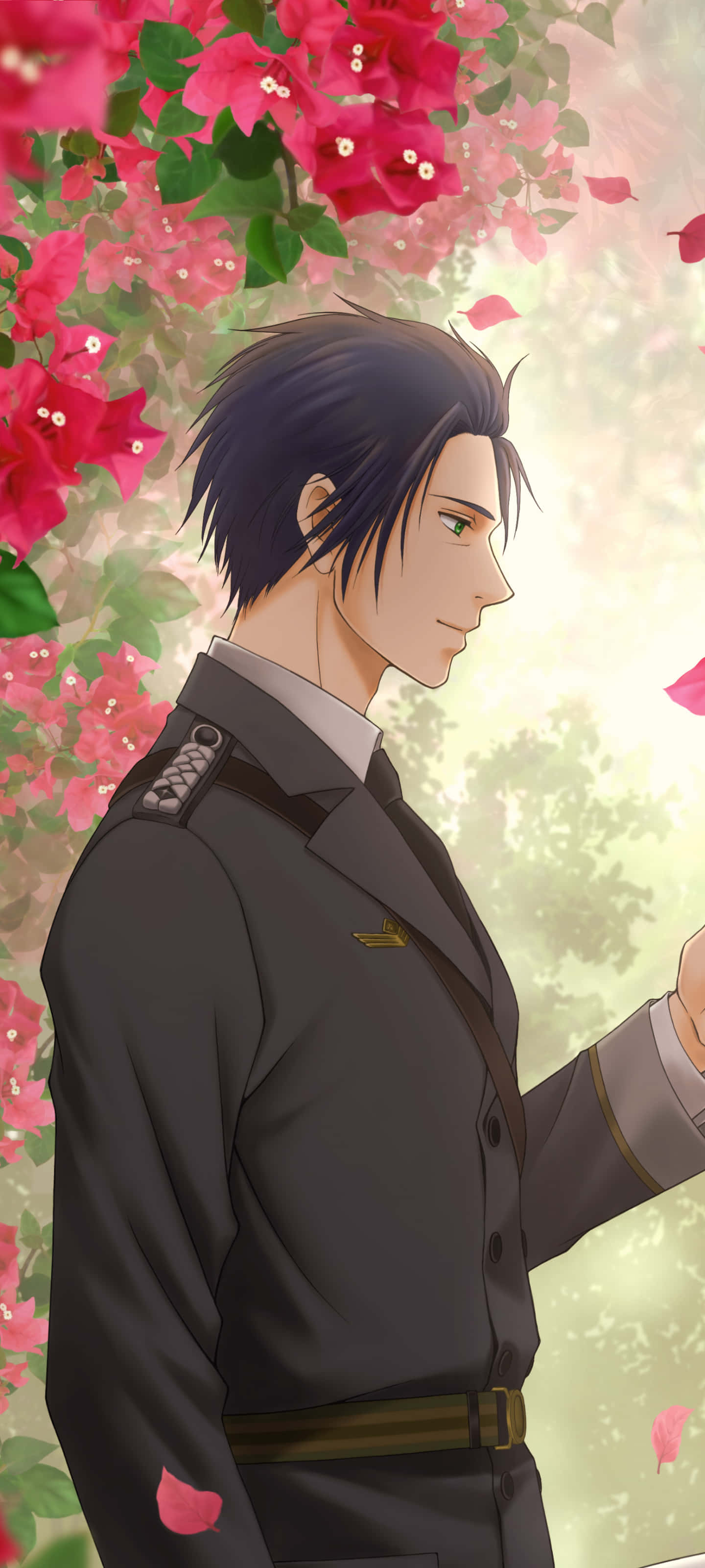 Gilbert Bougainvillea, vibrant pink bougainvillea flowers, anime man, 2K Phone Wallpaper
