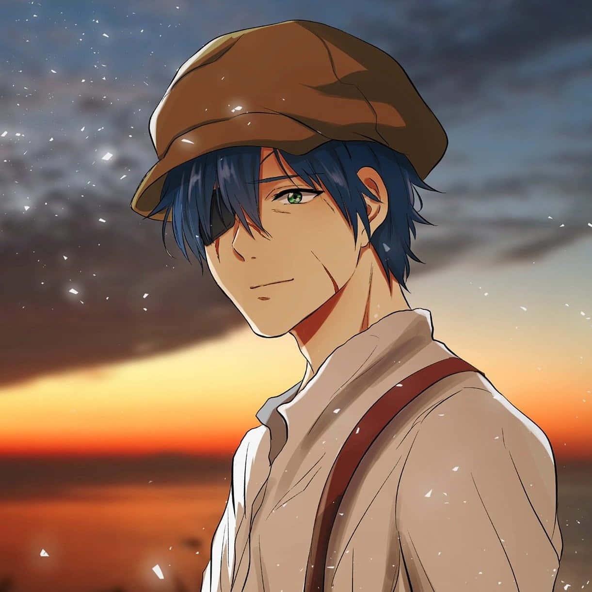 Gilbert Bougainvillea, blue-haired anime boy, brown cap, SD Desktop Wallpaper