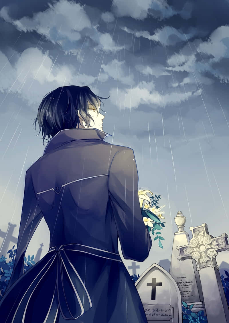 Gilbert Nightray, dark coat, rain-soaked cemetery, SD Phone Wallpaper