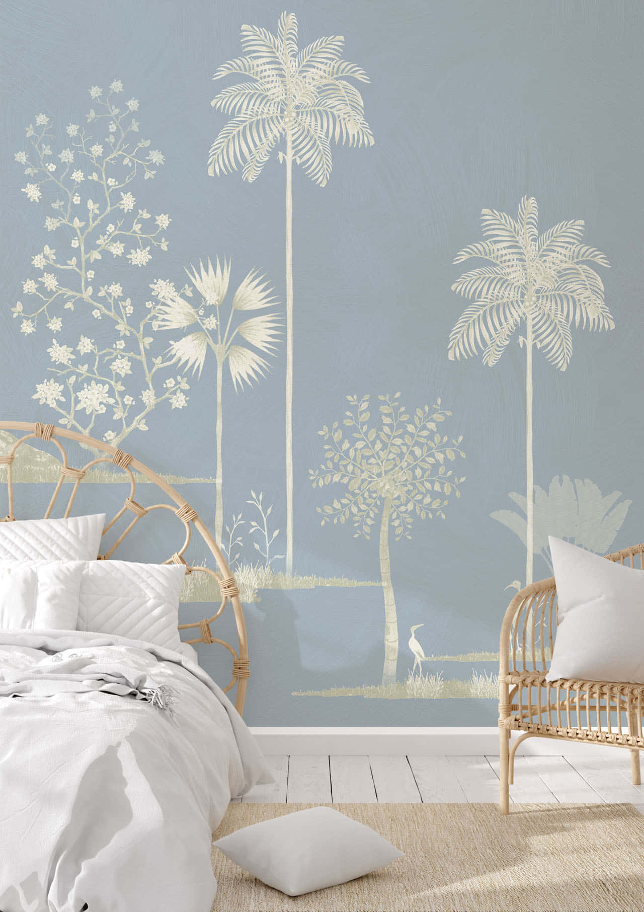 gilded details, light blue wall mural, tropical palm trees, HD Phone Wallpaper