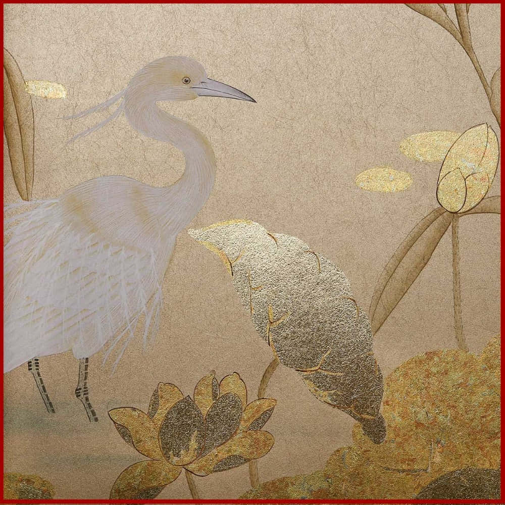 white egret, golden lotus flowers, textured beige paper, SD Desktop Wallpaper