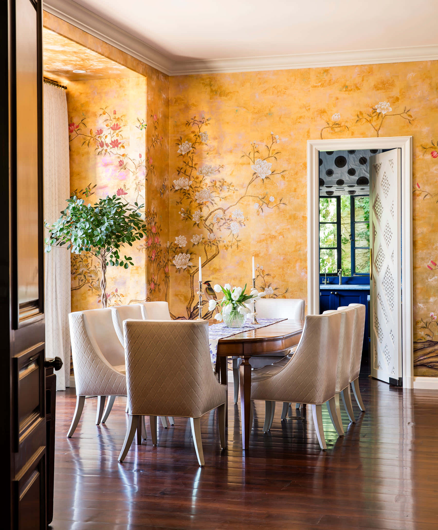 Elegant Gilded Wall, dining area, golden floral wallpaper, Full HD Phone Wallpaper