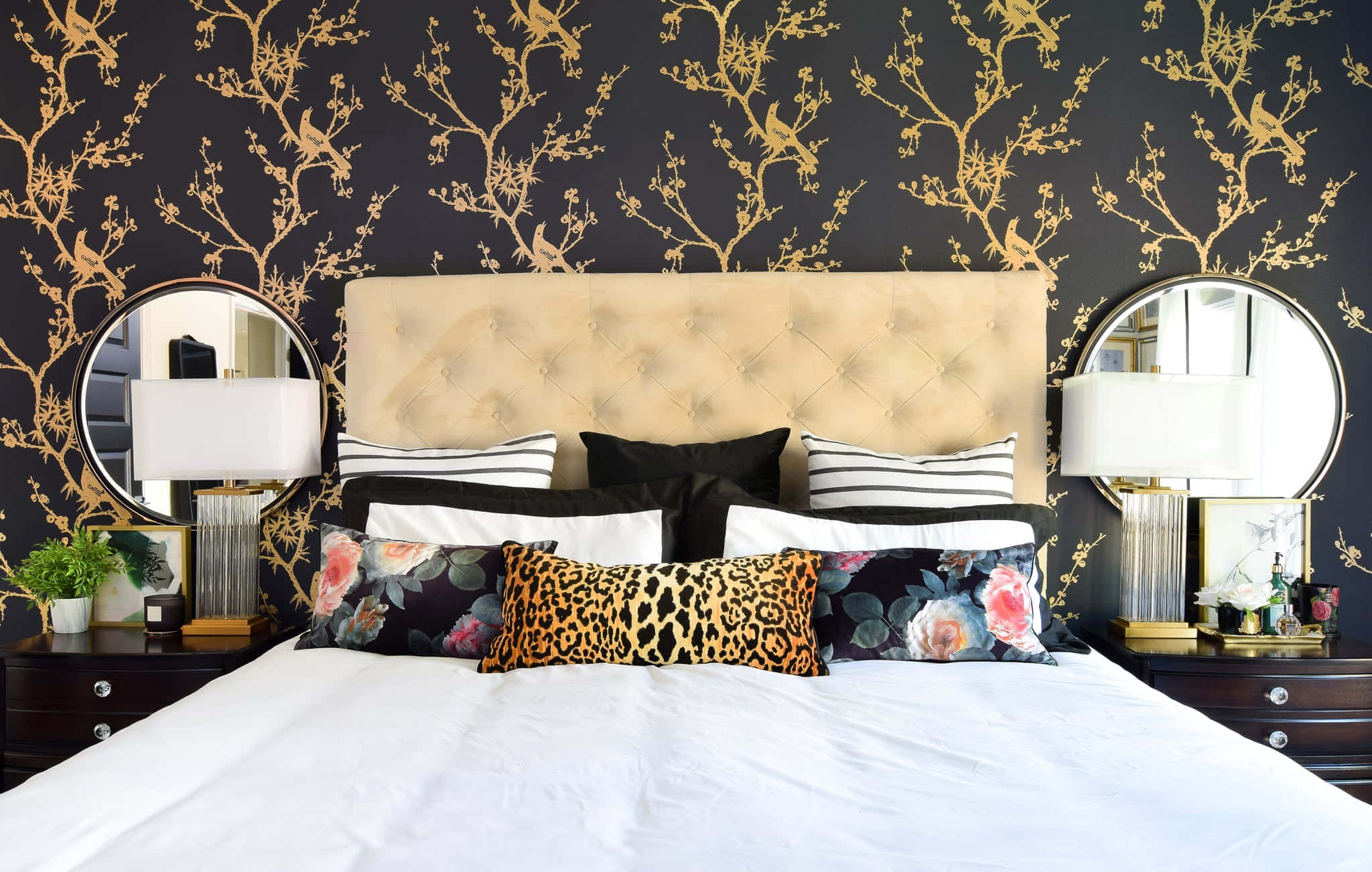 gilded details, gold bird and branch wallpaper, floral and leopard print pillows, Full HD Desktop Wallpaper