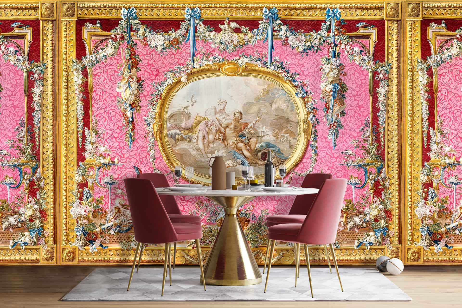 Gilded, pink damask wallpaper, gold framing, Full HD Desktop Wallpaper